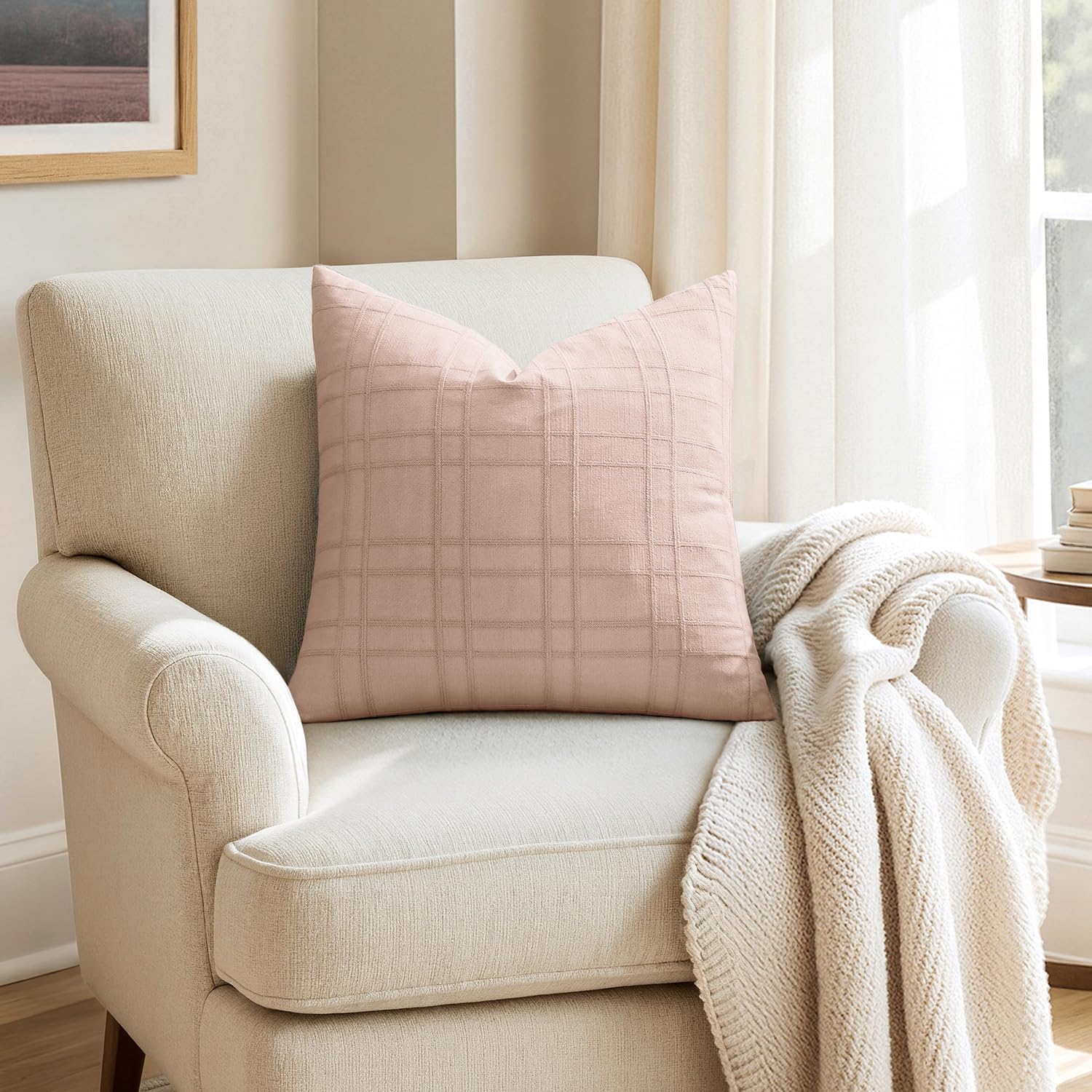 Miulee Decorative Linen Check Euro Shams Throw Pillow Covers Neutral Farmhouse Vintage Spring Valentine Pillow Covers 24x24 Set of 2 Boho M…