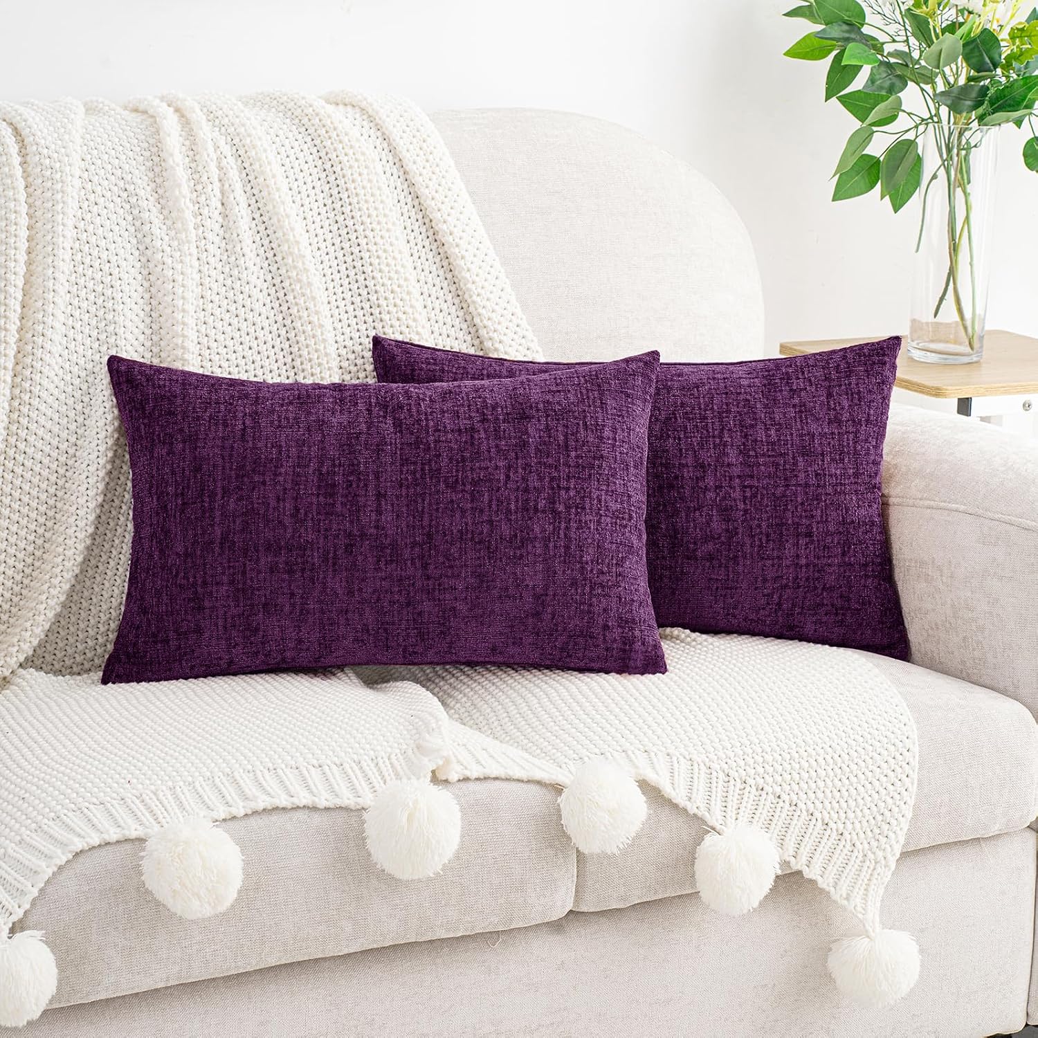 Hwy50 HWY 50 Purple Lumbar Pillow Covers 12x20 Inch Pack of 2, Soft Chenille Decorative Throw Pillow Covers Farmhouse for Couch Sofa Living…