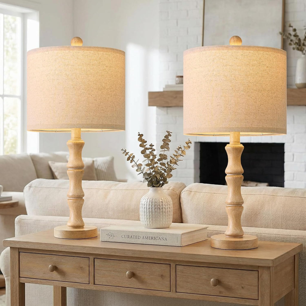 BOBOMOMO 20.5" Farmhouse Table Lamps Set of 2, Rustic Nightstand Lamps with Wood Grain Resin Base & Linen Shade, Small Bedside Lamps for…