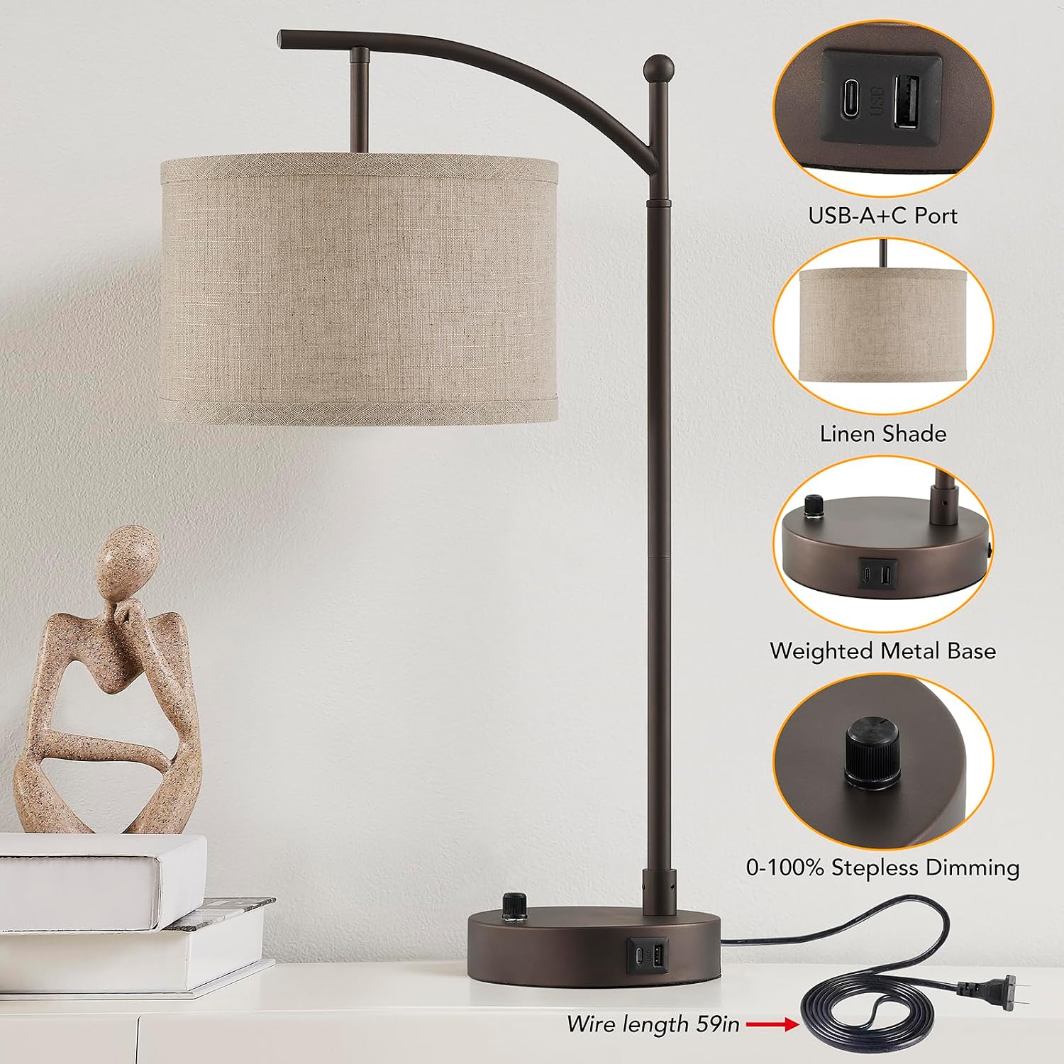 Table Lamp for Living Room Bedroom, 23.5" Table Lamps Set of 2 with USB C+A Ports, Bedside Lamps for Nightstand with Linen Lamp Shades, 2…