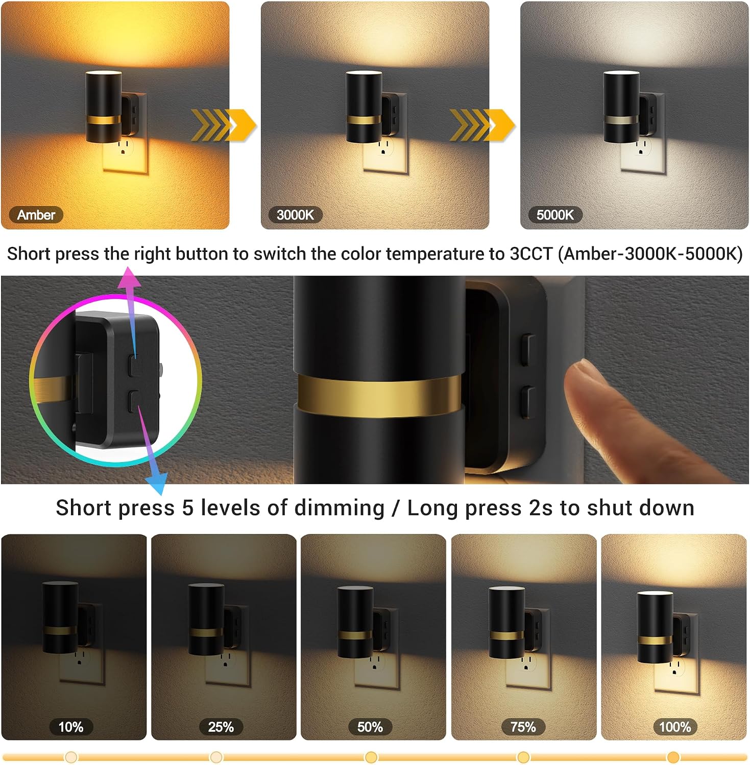 JandCase Night Lights Plug into Wall,2 Pack Amber/3000k/5000K Color Change Night Light with Dusk to Dawn, 3CCT & 10/25/50/75/100LM…