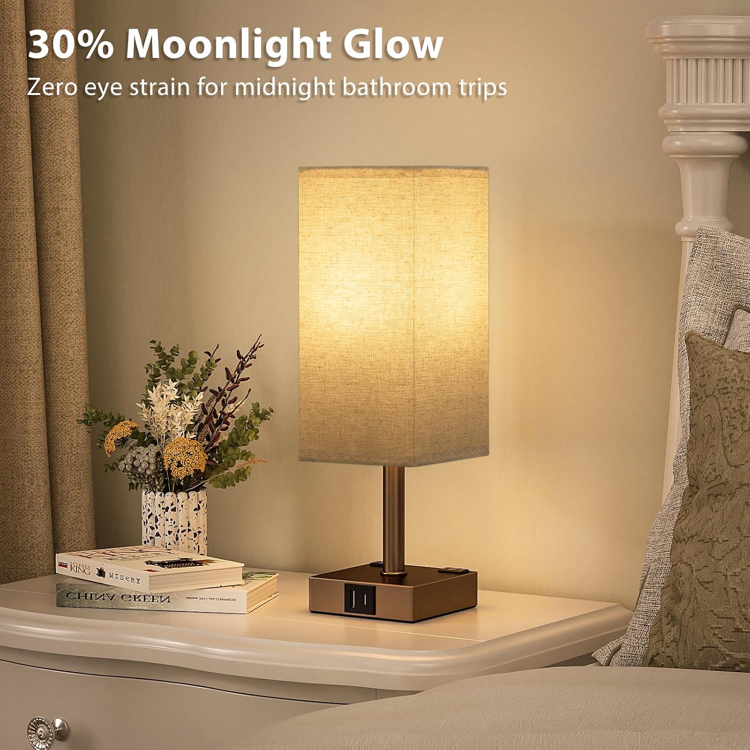 aooshine Brown Base Touch Lamps Set of 2 - Nightstand Lamp with USB-C + A Charge Ports & AC Outlets, 3-Way Dimmable Bedside Lamp, Small…