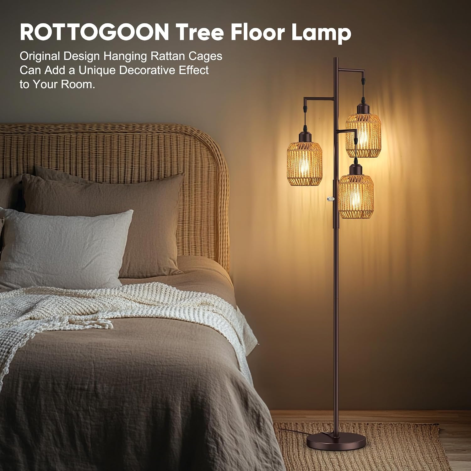 ROTTOGOON Dimmable Boho Floor Lamp - 3 Light Farmhouse Rattan Floor Lamp for Living Room, Industrial Tree Floor Lamps with 3 X 6W LED…