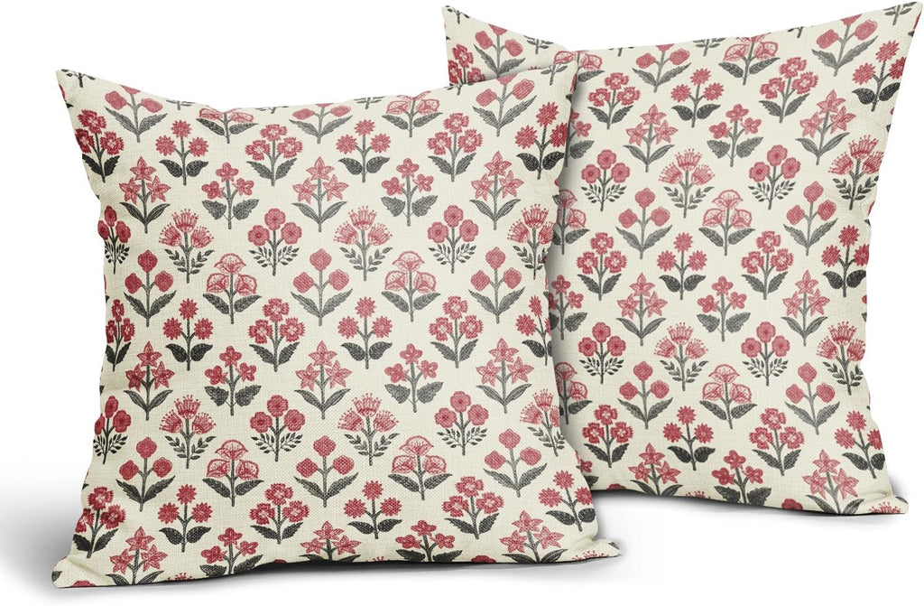 Black Red Christmas Floral Block Print Pillow Covers 16x16 Inch Set of 2, Vintage Flower Pattern Decorative Throw Pillowcases Outdoor…