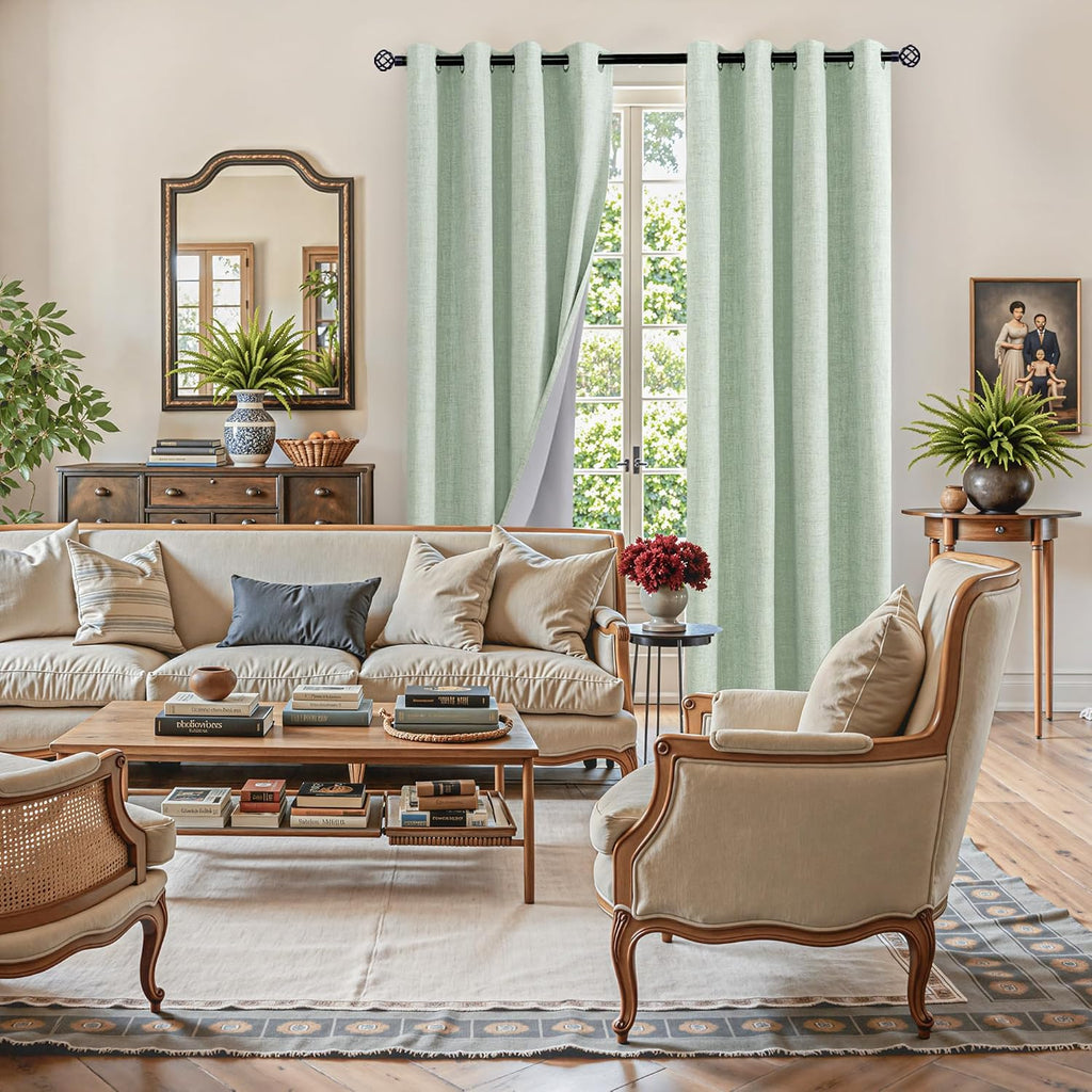 YoungsTex Sage Green Linen Blackout Curtains 80 Inch Length for Living Room, Full Room Darkening Drapes Thermal Insulated with Grommet Ener…