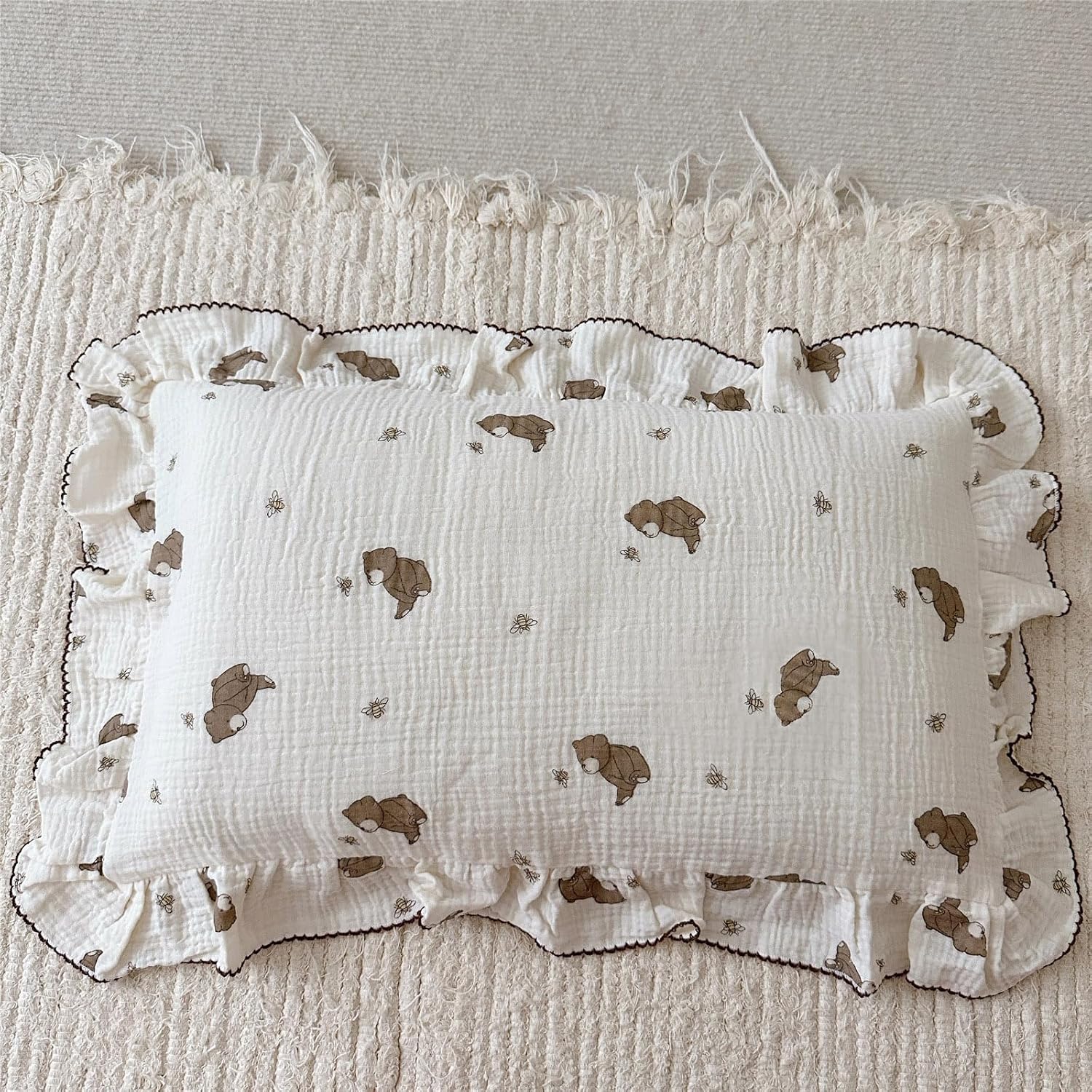 BuLuTu Cartoon Bear Muslin Pillowcase for Boys Girls Cute Animal Print Toddler Pillow Cases Soft Breathable Cotton Pillow Cover for Young…