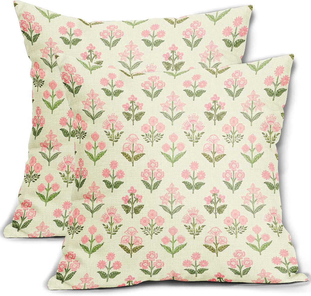 Pink Green Floral Pillow Covers 24x24 Inch Set of 2, Vintage Flower Block Print Decorative Throw Pillowcases Outdoor Farmhouse Cushion…