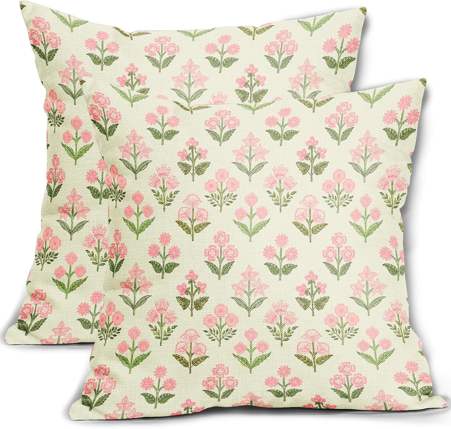 Pink Green Floral Pillow Covers 24x24 Inch Set of 2, Vintage Flower Block Print Decorative Throw Pillowcases Outdoor Farmhouse Cushion…