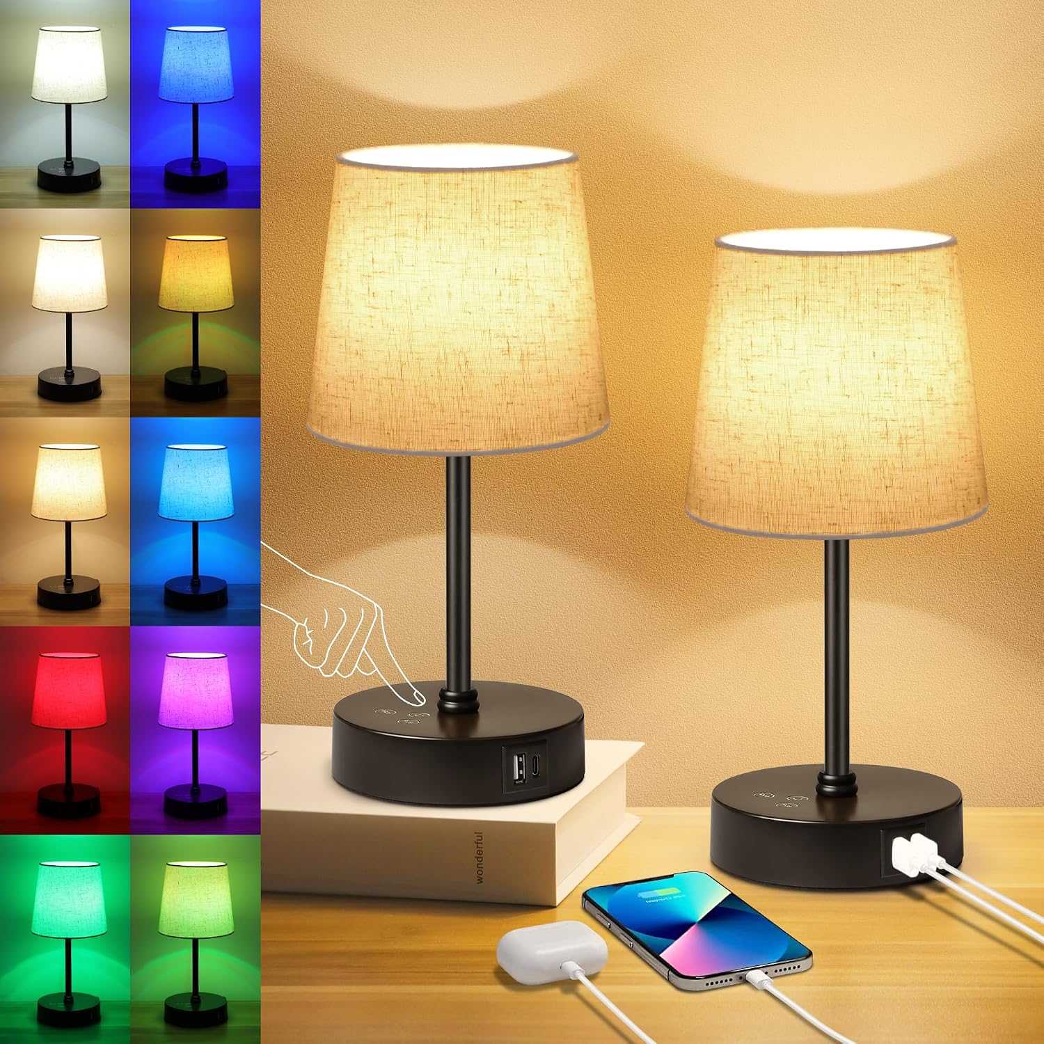 Ascher Small Bedside Table lamp Set of 2, RGB Color Changing Lamps, 3 Color Temperatures, Dimmable Nightstand Lamp with USB C+A Ports…