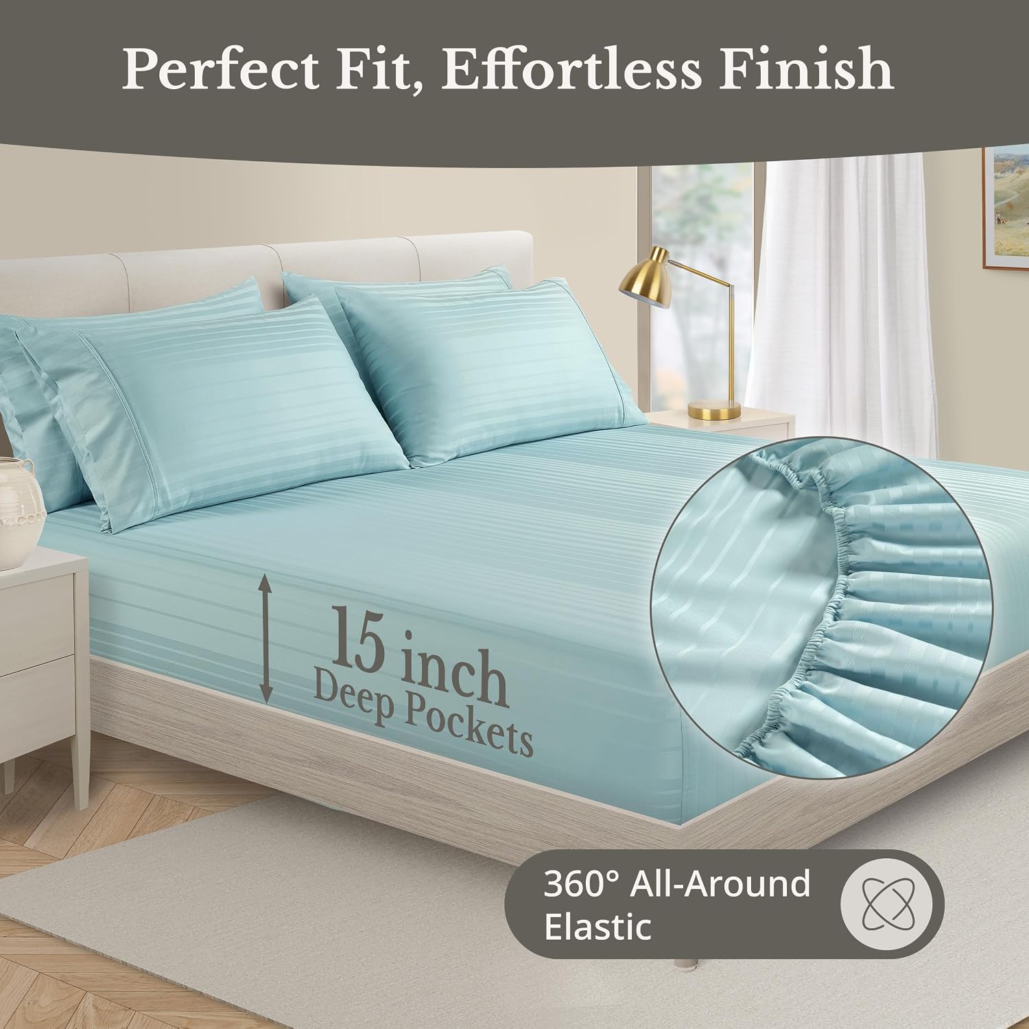 Casa Platino 100% Cotton Sheets King Size Set - 6 Pcs (1 Flat, 1 Fitted, 4 Pillowcases) - Striped 500 TC - Ultra Smooth Sateen Weave Bed…