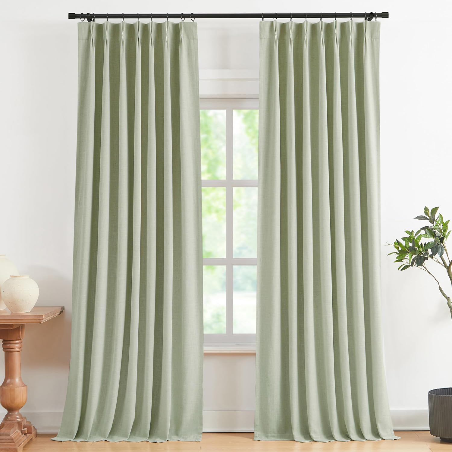 VisionHome Vision Home Soft Green Pinch Pleated Full Blackout Curtains Linen Blended Room Darkening Curtain Panels 90 inch for Living Room…