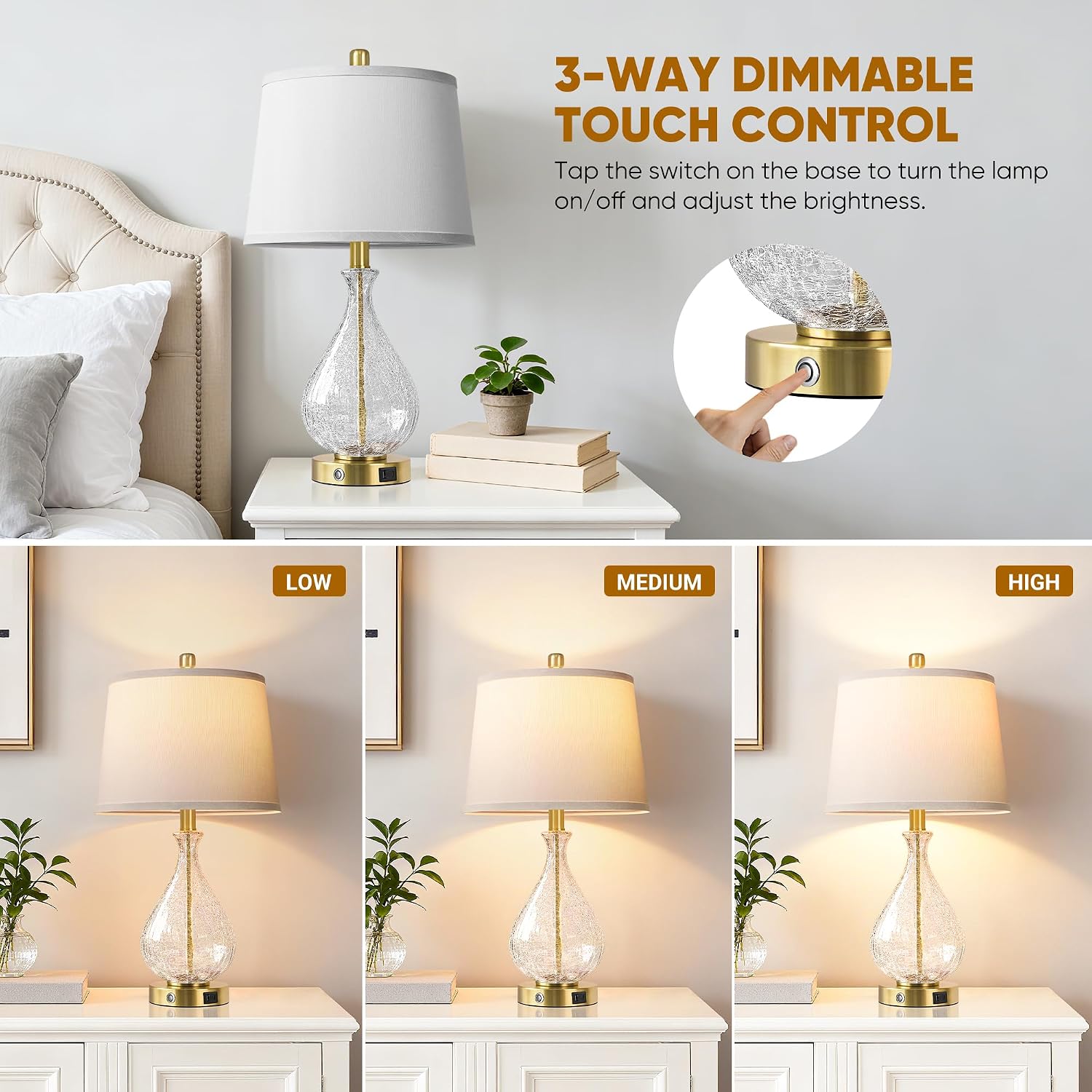 QiMH Glass Table Lamps for Living Room, Bedside Lamps Set of 2 with USB A+C Charging Ports, 3 Way Dimmable Touch Lamps for Nightstand…