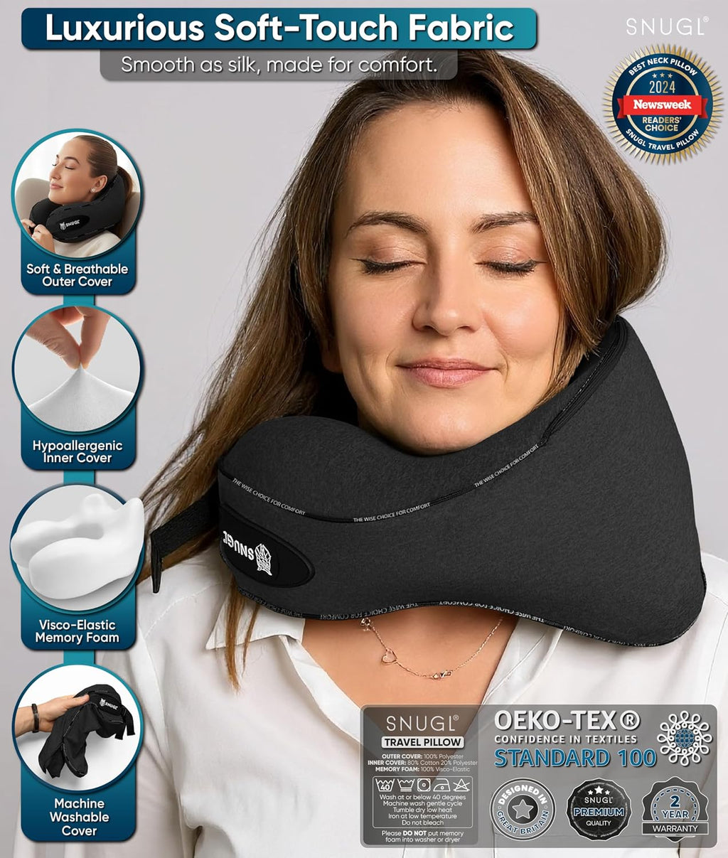 Snugl Travel Pillow – Neck Pillow Airplane, Travel Pillows for Airplanes, Neck Pillows Memory Foam – Road Trip Essentials for Adults – Trav…