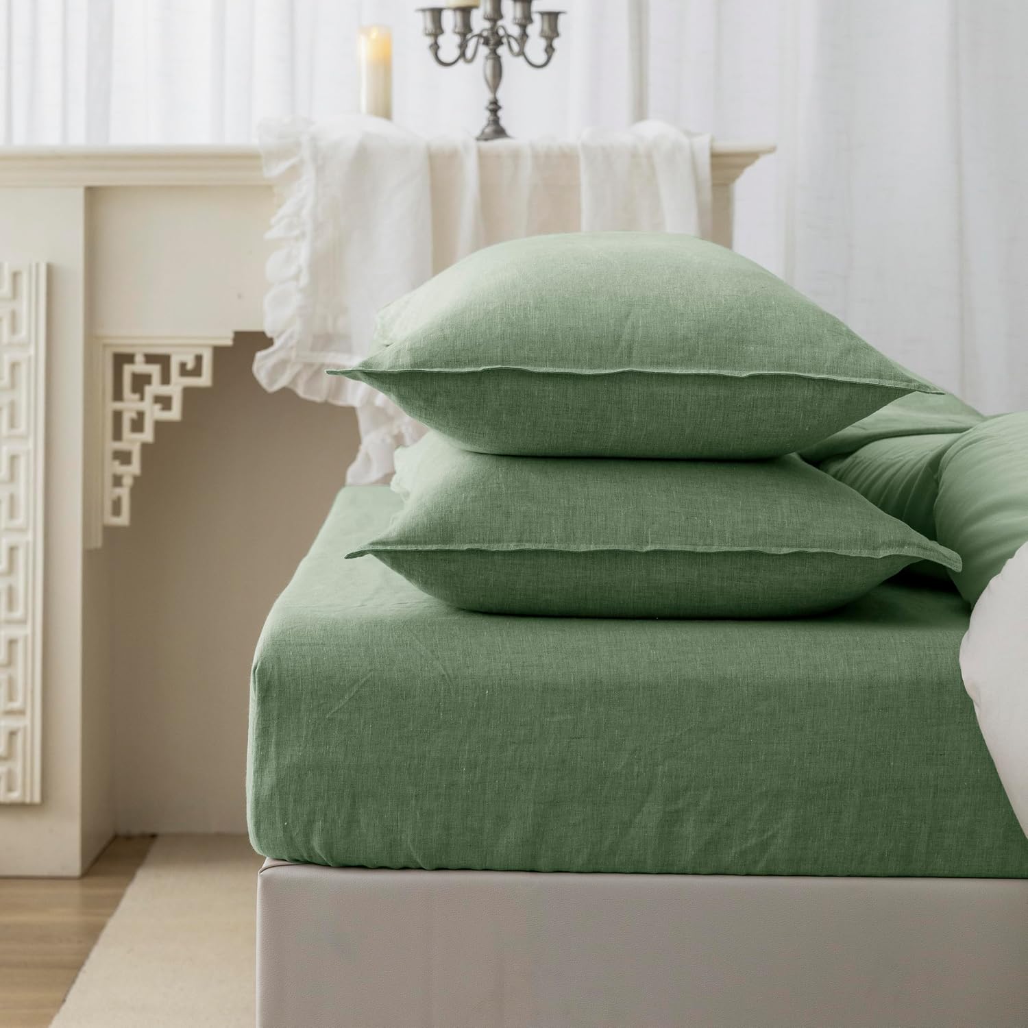 EVERLY 100% Linen Pillowcases Set of 2, Envelope Overlap Closure Natural Washed Flax Standard Queen Size 20x26 Inches - Saga Green