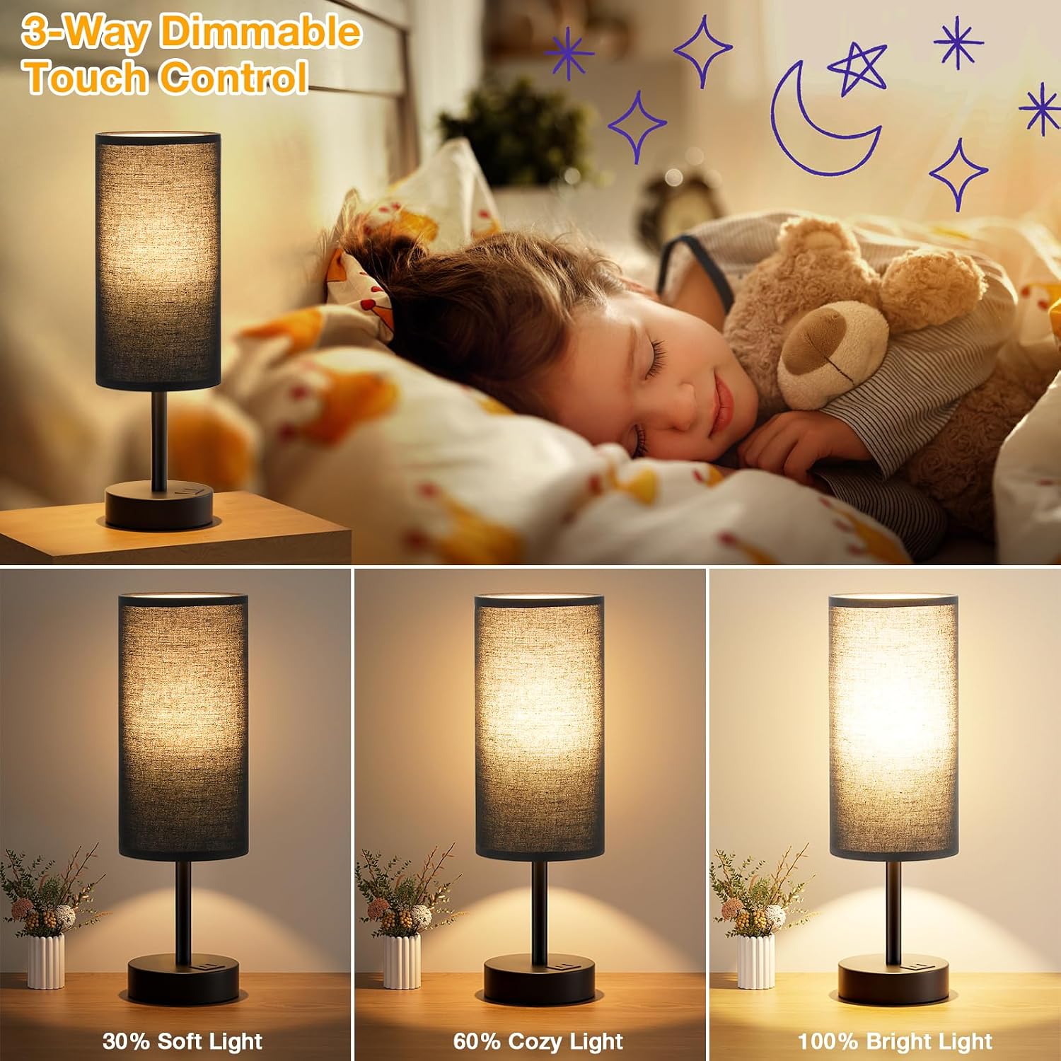 Dicoool Black Touch Bedroom Lamp with USB - 3 Way Dimmable Table Lamp for Bedroom, Nightstand Lamp with Black Charging Station for Desk…