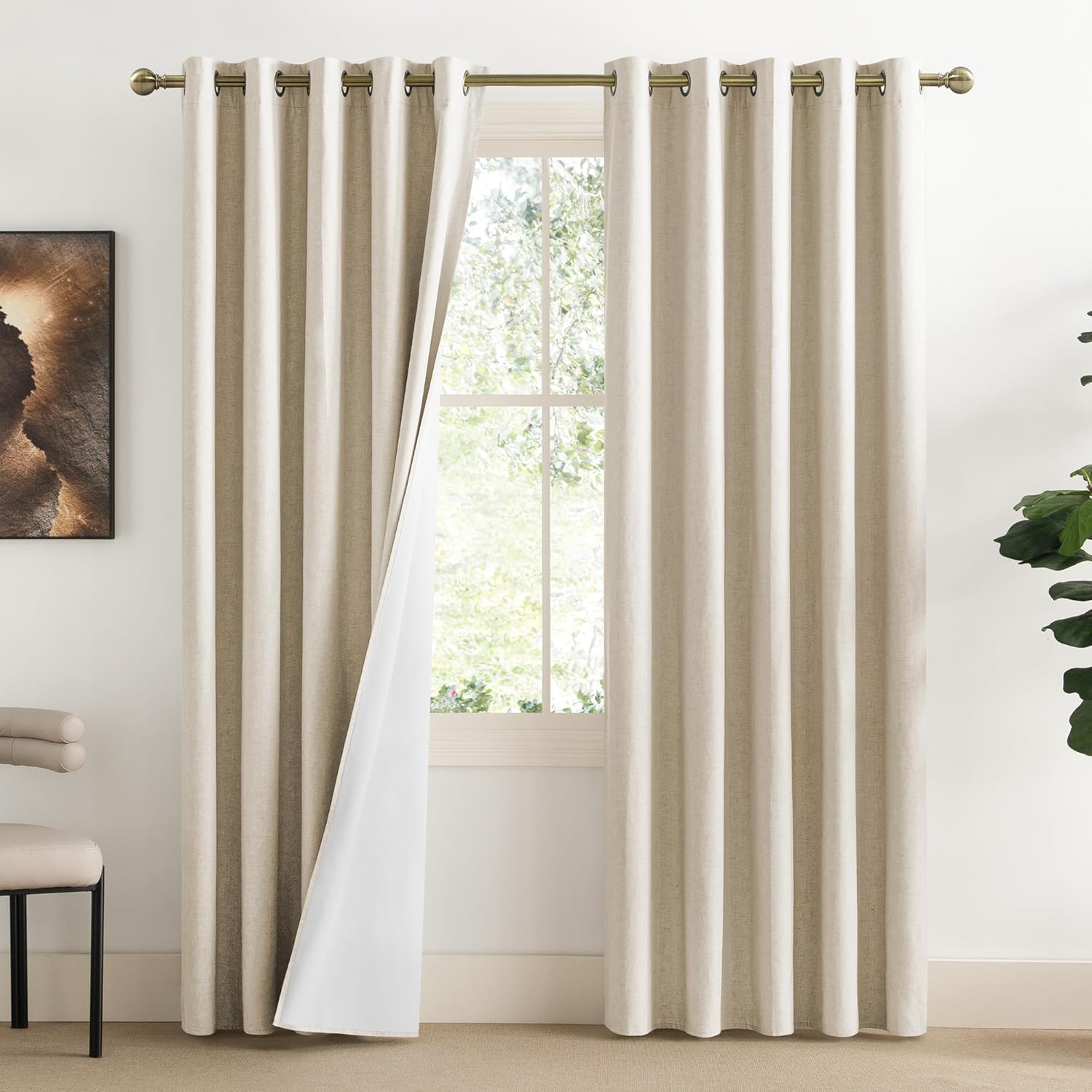 NICETOWN 100% Absolutely Blackout Linen Curtains with Thermal Insulated White Liner, Beige, 62" Wide, 2 Pieces, Privacy Vertical Window…