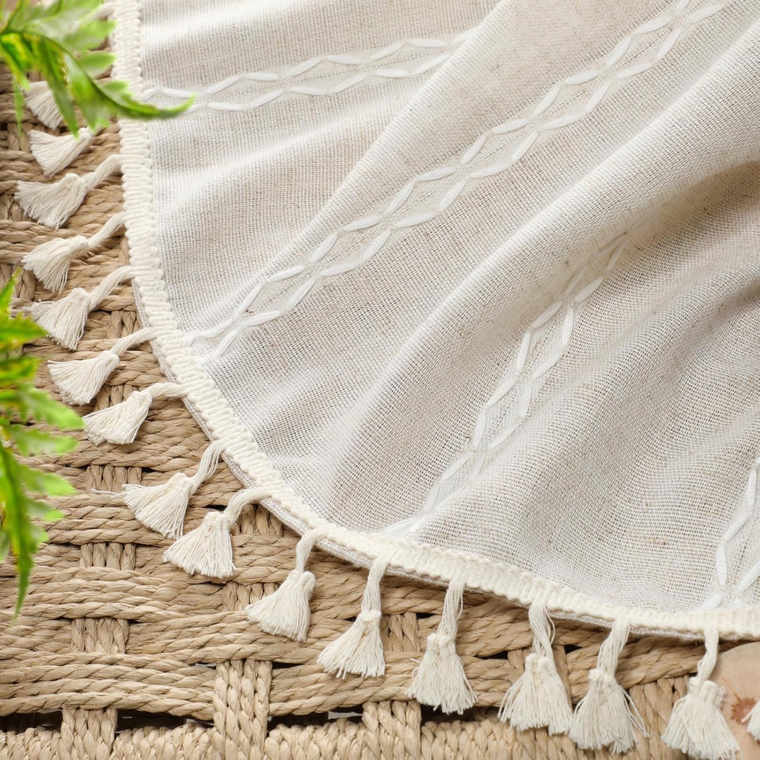 XOGUIBO Boho 80% Blackout Curtains with Gray Liner 90 Inches Long 2 Panels Set, Beige Linen Blend Drapes with Tassels and Cotton Emb…