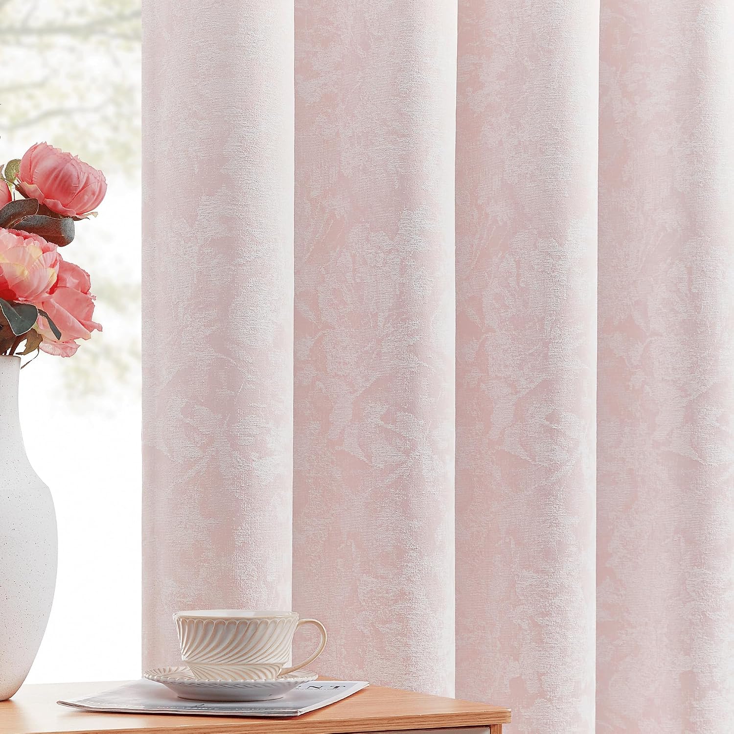 Beauoop Pink Floral Jacquard Blackout Curtains 63 Inches Long 2 Panels for Bedroom Living Room Chenille Flower Room Darkening Thermal…