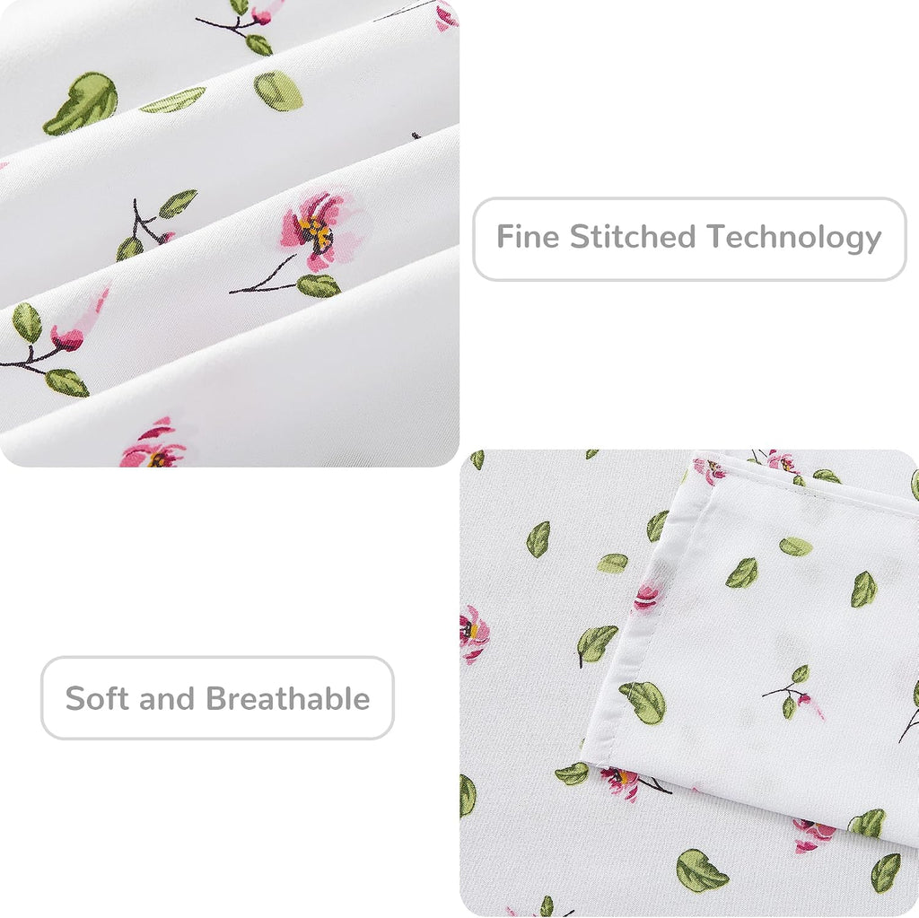 mooreeke Queen Sheets Set - 4 Pieces Soft Breathable Microfiber Bed Sheet Set - Pink Flower Green Leaf Pattern Sheet Set - Deep Pocket Non-…