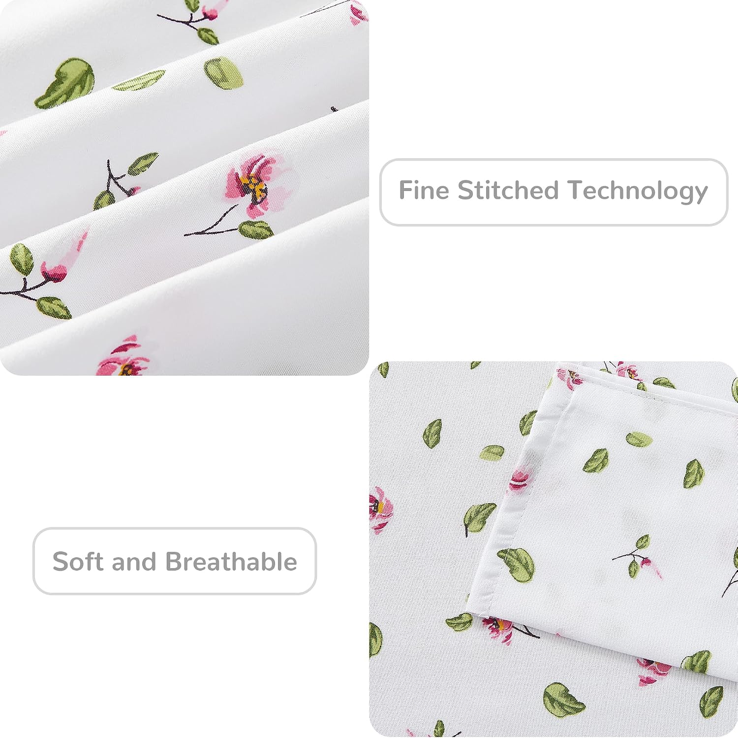 mooreeke Queen Sheets Set - 4 Pieces Soft Breathable Microfiber Bed Sheet Set - Pink Flower Green Leaf Pattern Sheet Set - Deep Pocket Non-…
