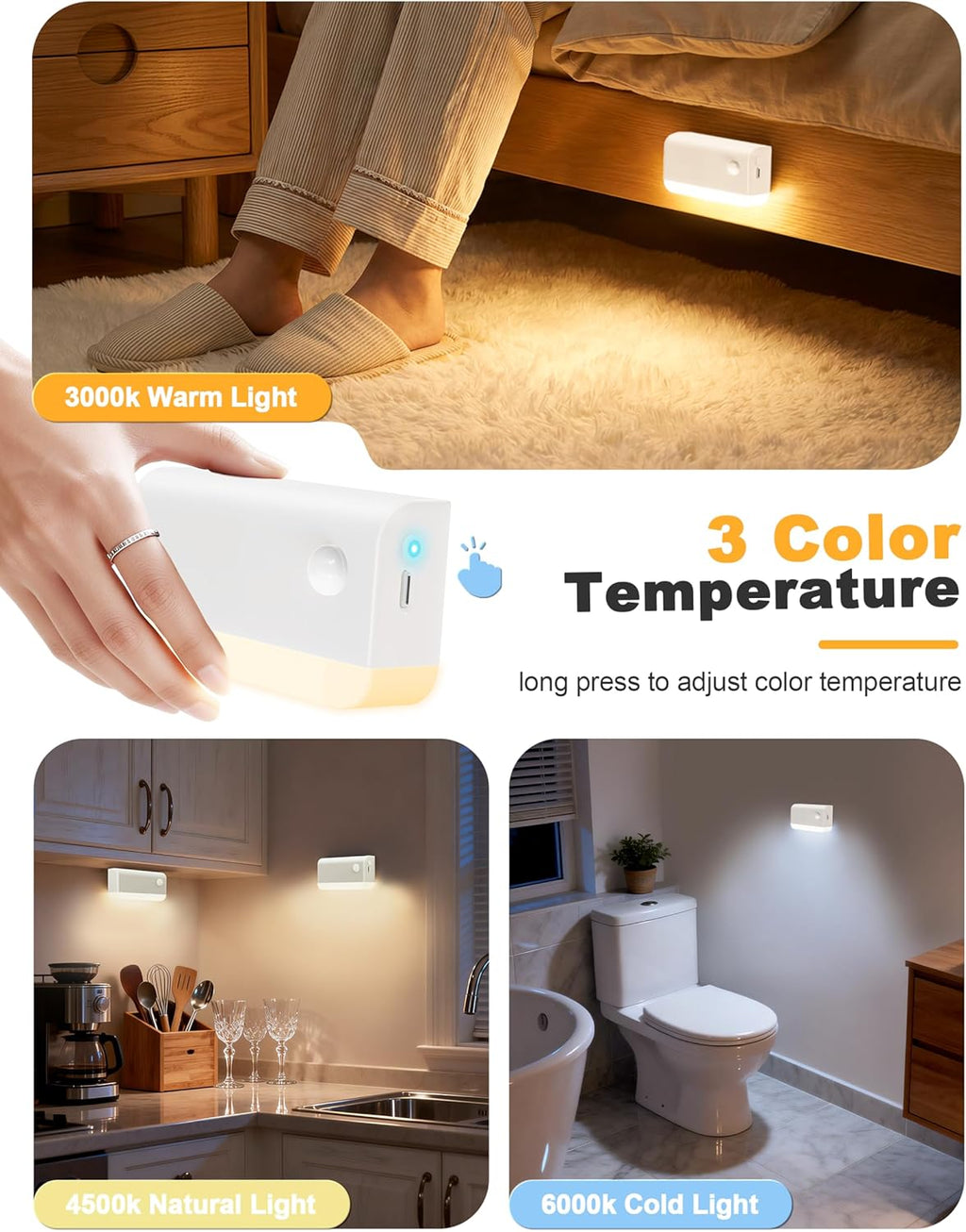 NIORSUN Motion Sensor Stair Lights Indoor, 3 Pack Rechargeable Wireless Step Lights with 3 Color Temperatures, 1200mAh Battery, Magnetic…