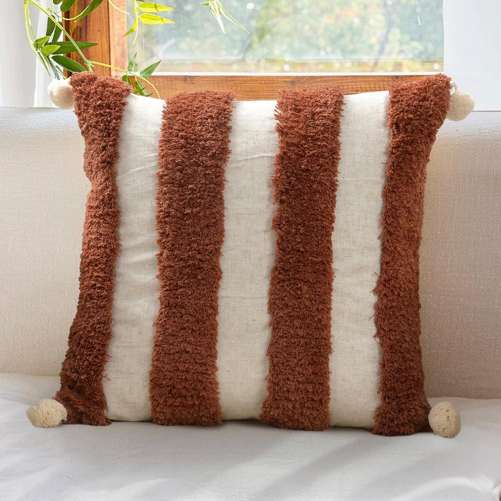 Loopuinhom Boho Pillow Covers 18X18 Inch Boho Tufted Linen Throw Pillow Covers Decorative Pompoms Cushion Cover Farmhouse Pillow Case for C…