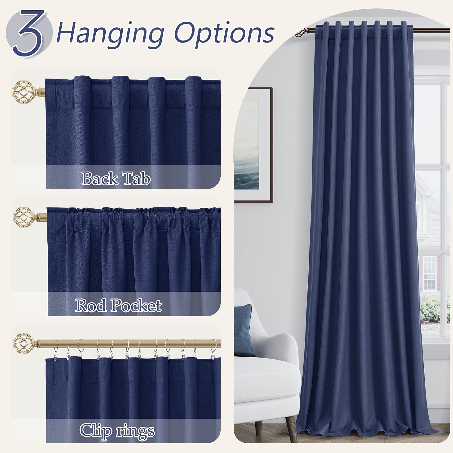 Guken 100% Blackout Curtains 100 Inch Length 2 Panels Set for Living Room Bedroom Back Tab Thermal Insulated Black Out Linen Drapes Room Da…