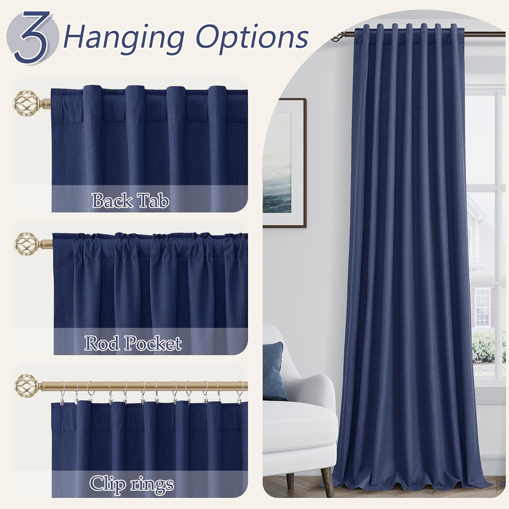 Guken Classic Blue 100% Blackout Linen Curtains 90 Inch Length 2 Panels Set for Living Room Bedroom Back Tab Rod Pocket Thermal Insulated B…