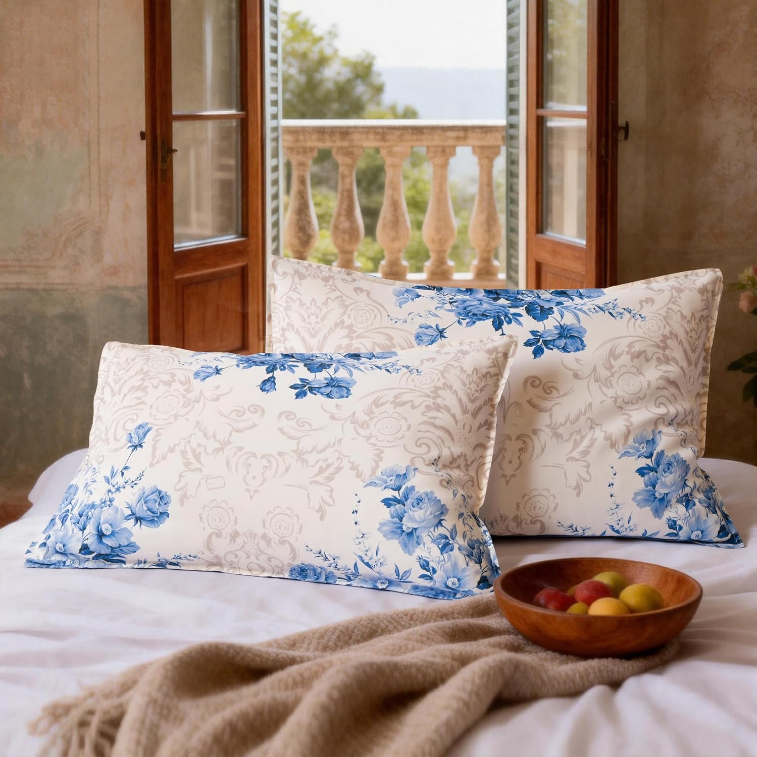 Chuffed 100% French Linen Pillow Cases Porcelain Bloom Print, Farmhouse Floral Stone Washed Pillow Shams with Envelope Closure Soft Breatha…