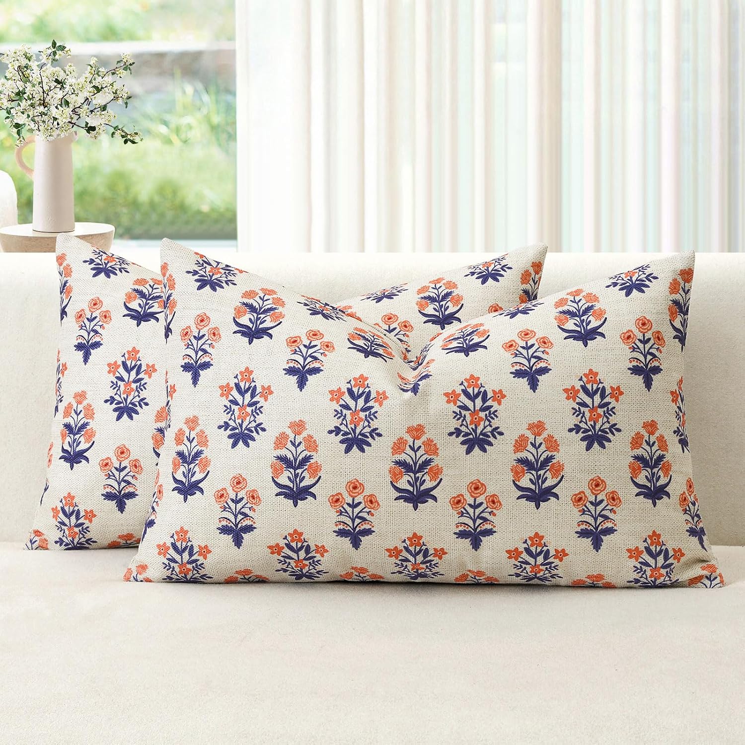 OTOSTAR Floral Print Pillow Covers 16x24 Inch Pack of 2 Double-Sided Navy Blue Orange Flower Lumbar Throw Pillow Covers Farmhouse Rustic…