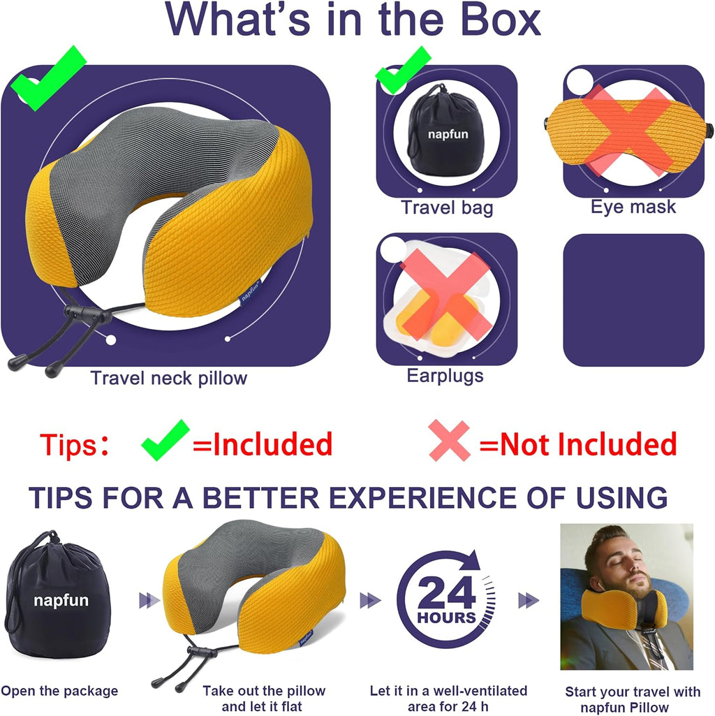 napfun Neck Pillow for Traveling, Upgraded Travel Neck Pillow for Airplane 100% Pure Memory Foam Travel Pillow for Flight Headrest Sleep…
