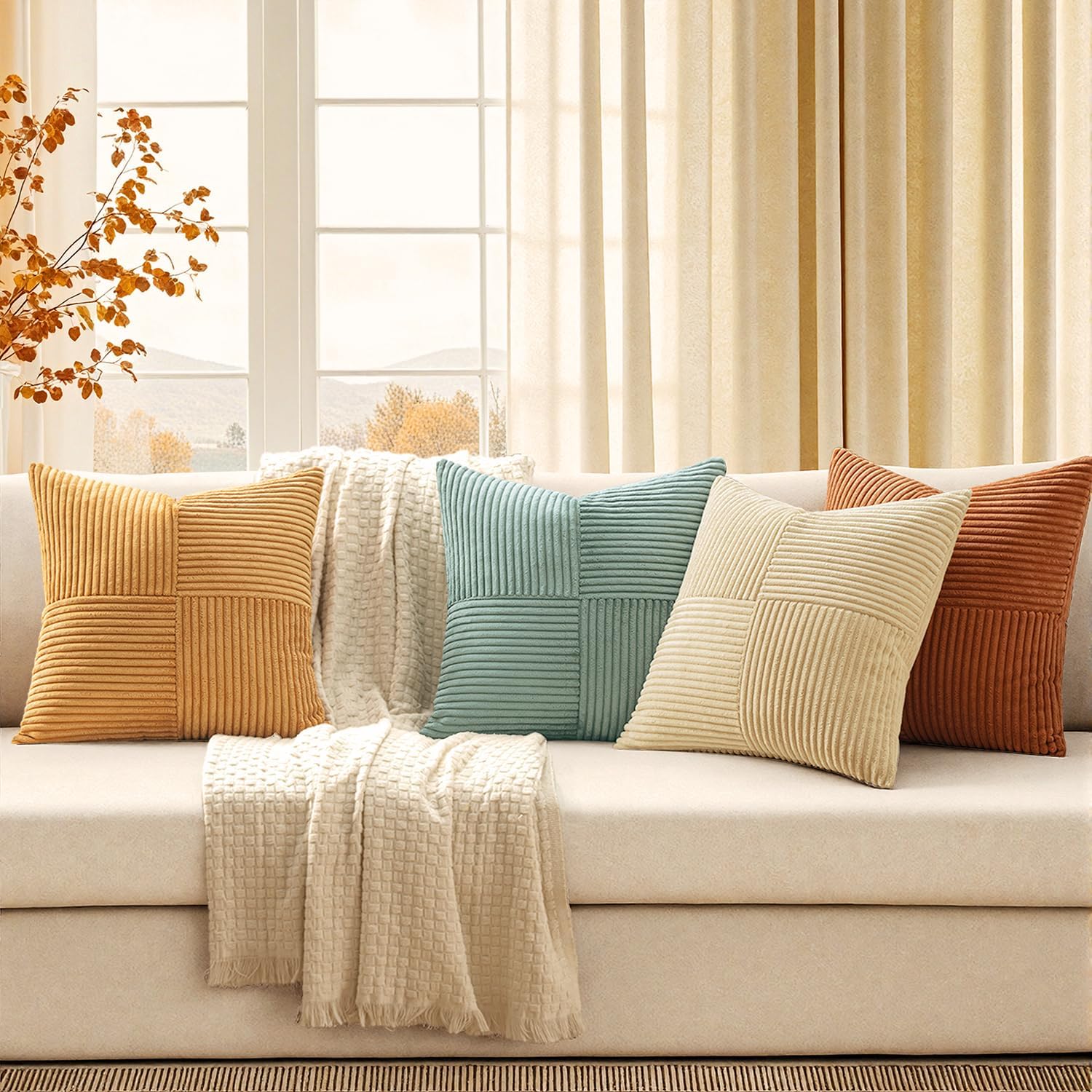Miulee Boho Farmhouse Decorative Throw Pillow Covers 18x18 Inch 4 Packs Soft Vintage Pillow Cases Modern Corduroy Patchwork Cushion Covers…
