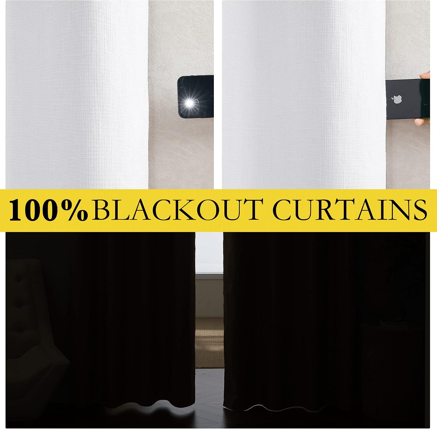 NICETOWN 100% Absolutely Blackout Linen Curtains with Thermal Insulated White Liner, White, 42 inches Wide, 72 inches Length Energy…