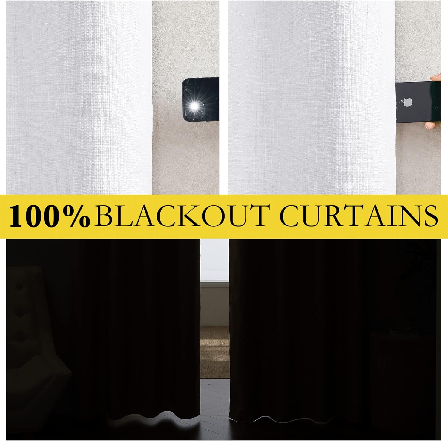 NICETOWN 100% Absolutely Blackout Linen Curtains with Thermal Insulated White Liner, White, 34 inches Wide, 60 inches Length Energy…