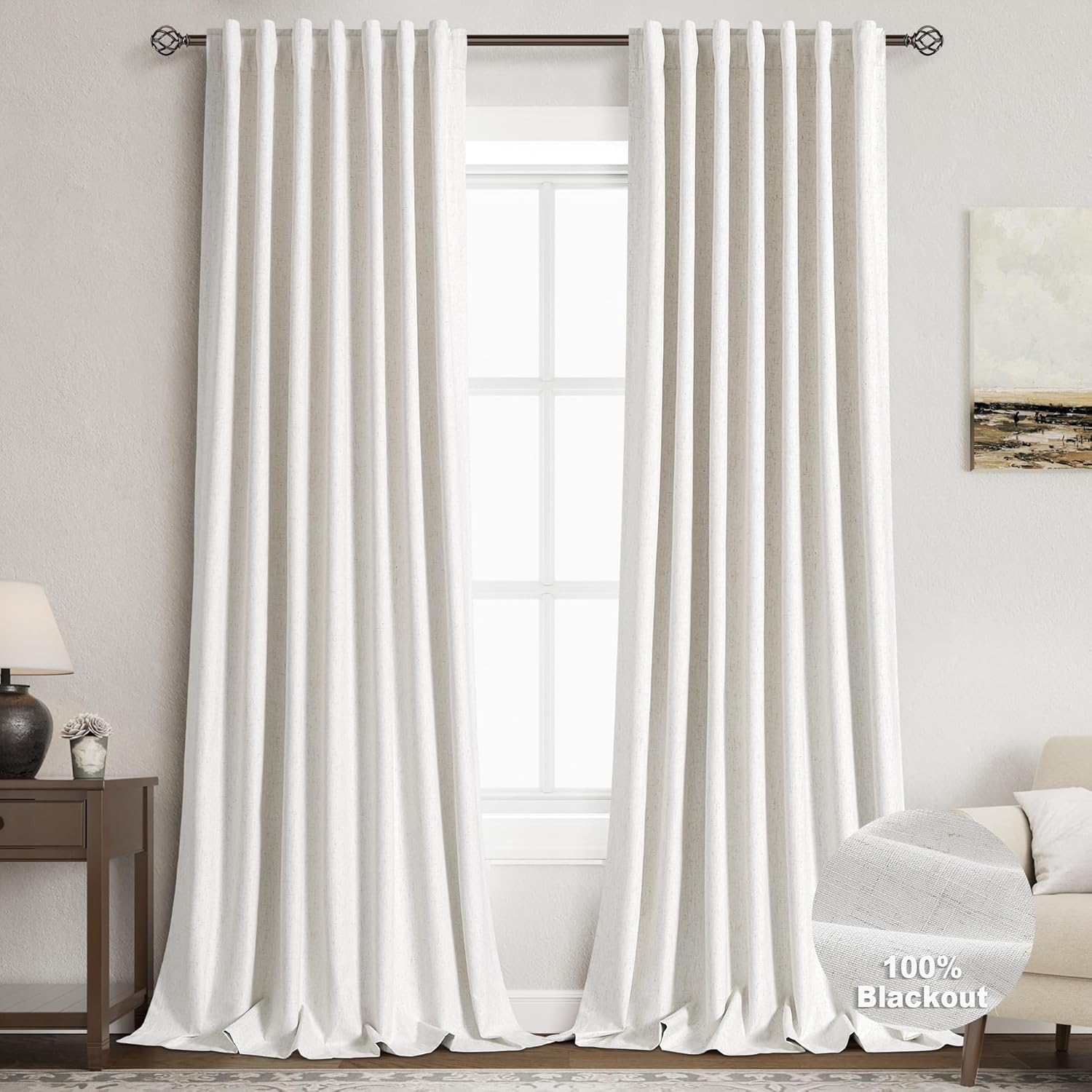 Nanspring Cream 100% Blackout Linen Curtains for Bedroom 126 Inches Long Back Tab Thermal Insulated Neutral Country Farmhouse Decor Black O…
