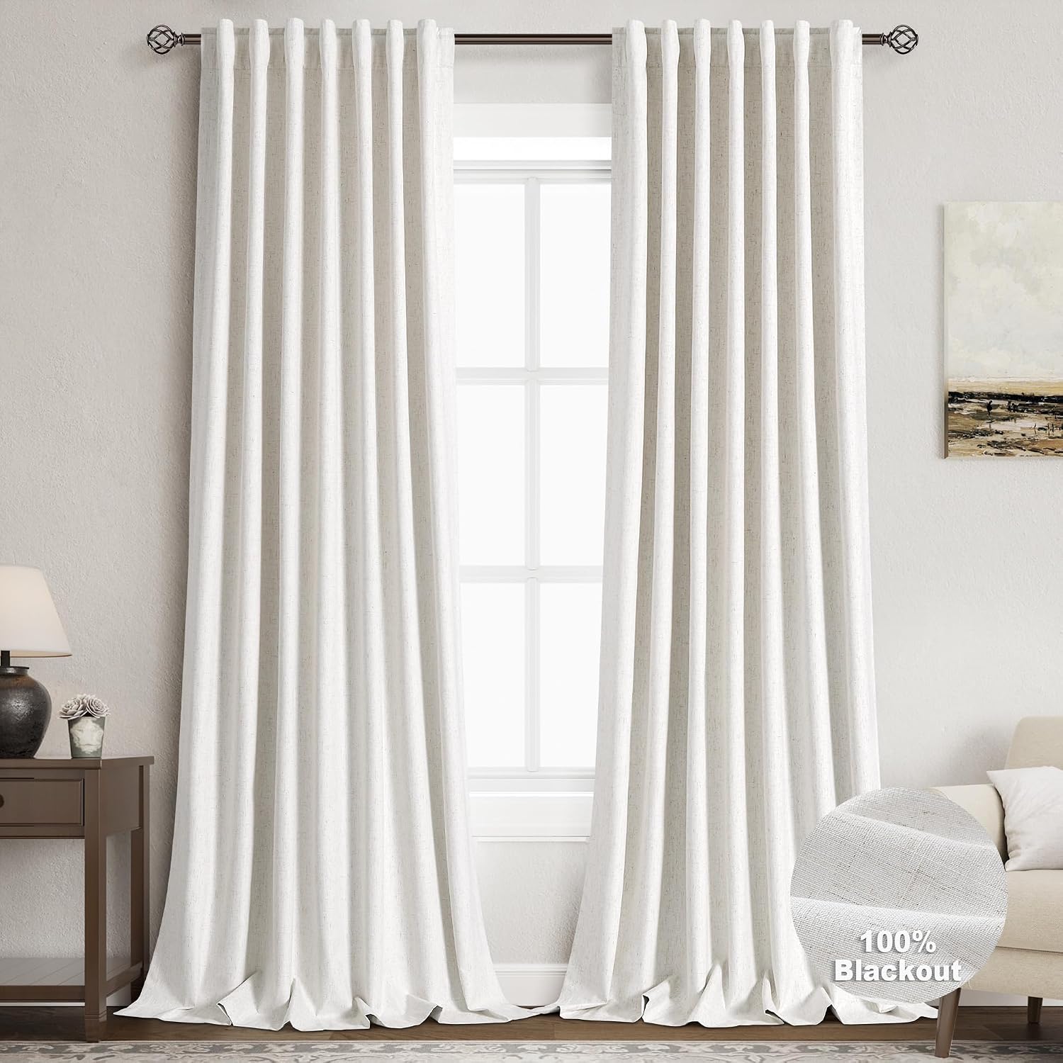 Nanspring Cream 100% Blackout Linen Curtains for Bedroom 132 Inches Long Back Tab Thermal Insulated Neutral Boho Farmhouse Decor Black Out…