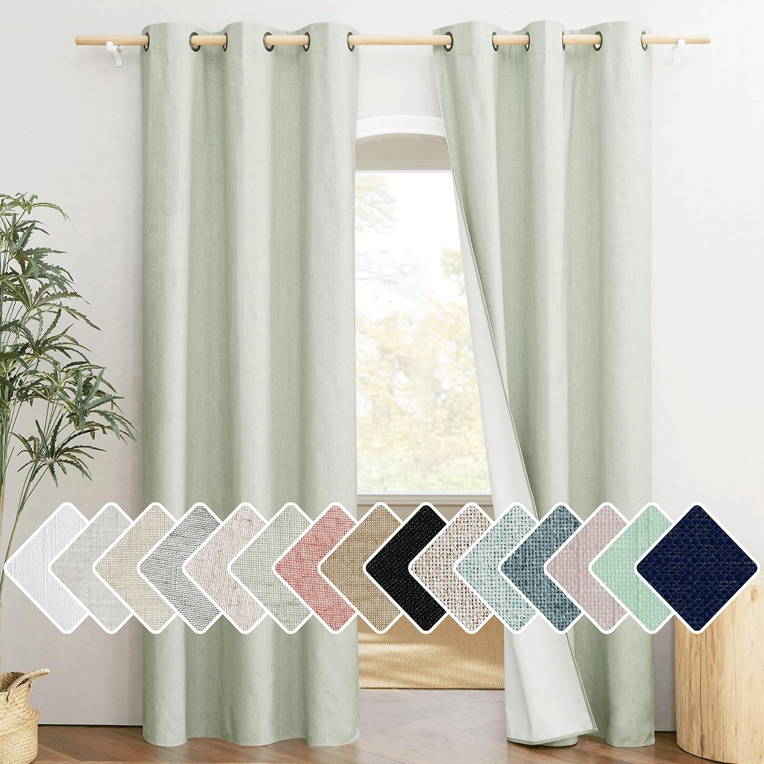 NICETOWN Sage Green 100% Blackout Linen Texture Curtains 84 inches Long 2 Panels for Boy's Room, Thermal Insulated Full Blackout 2-Layer…