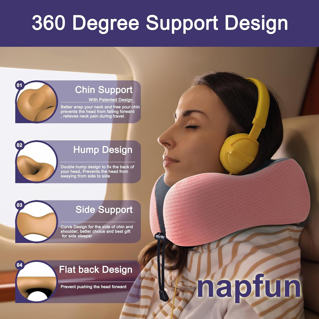 napfun Neck Pillow for Traveling, Upgraded Travel Neck Pillow for Airplane 100% Pure Memory Foam Travel Pillow for Flight Headrest Sleep…