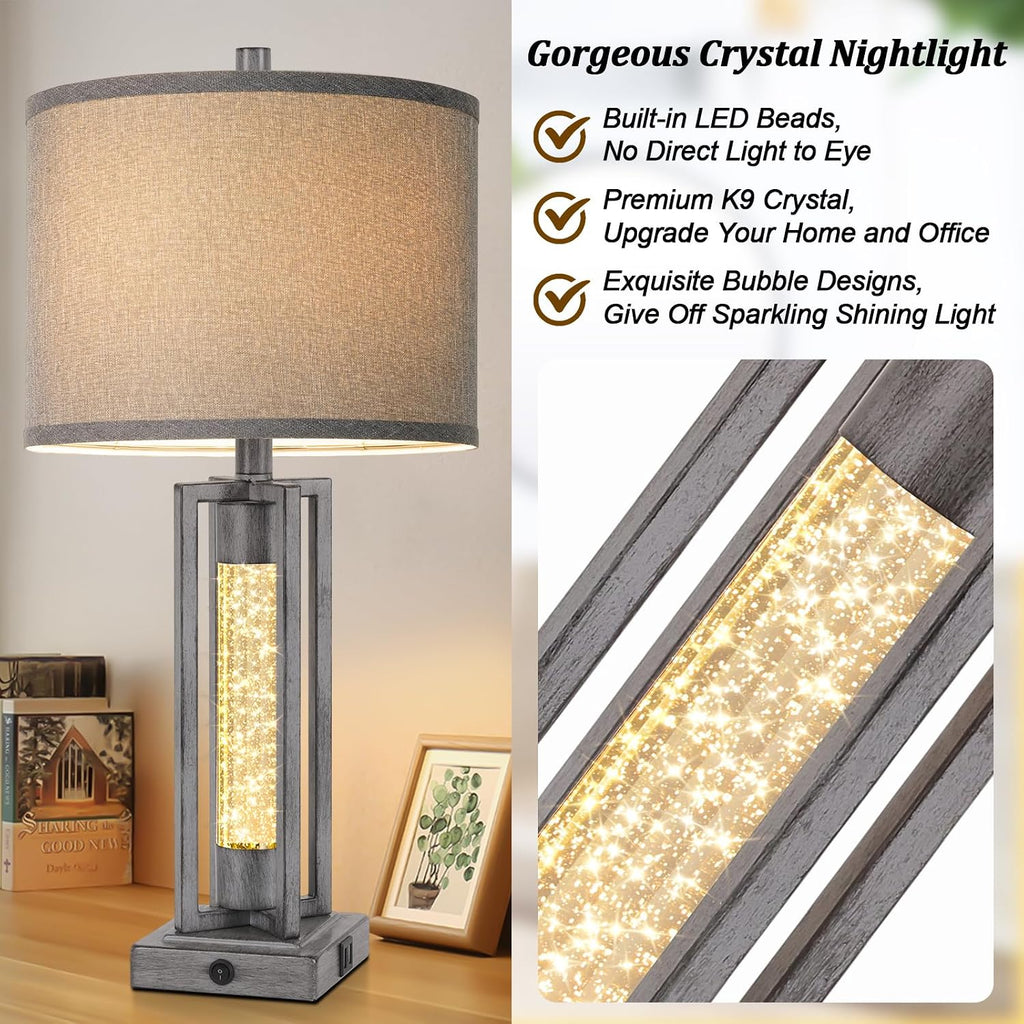 Tobusa 26’’ Farmhouse Table Lamps for Living Room Set of 2, Modern Nightstand Lamps with Crystal Night Light & 2 USB Ports, Vintage Home De…