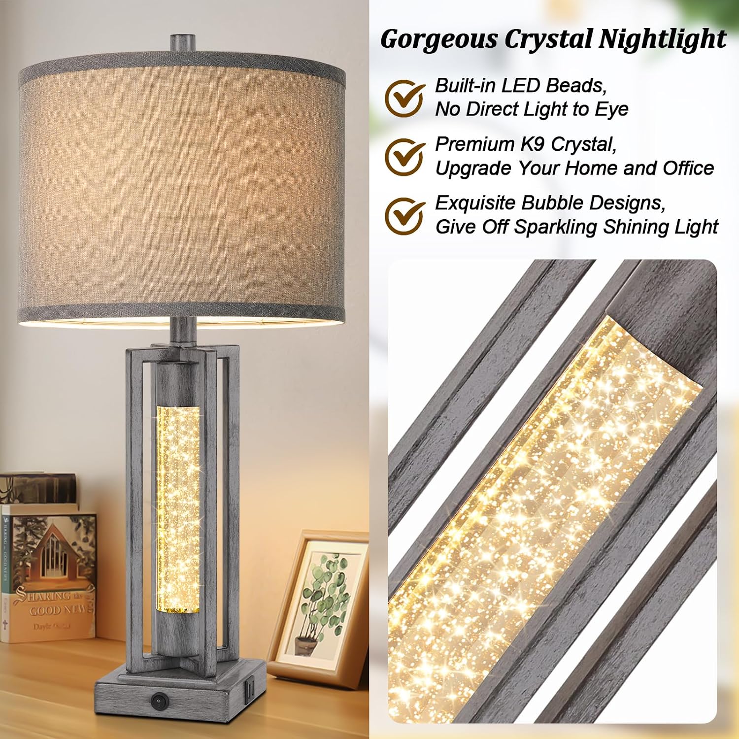 Tobusa 26’’ Farmhouse Table Lamps for Living Room Set of 2, Modern Nightstand Lamps with Crystal Night Light & 2 USB Ports, Vintage Home De…