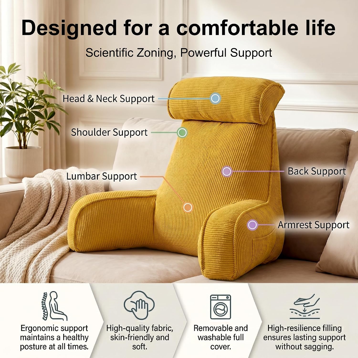 Ailuteie Reading Pillow for Sitting Up in Bed, Backrest Cushion with Arms, Corduroy Support Pillow with Side Pockets & Washable Cover, for…