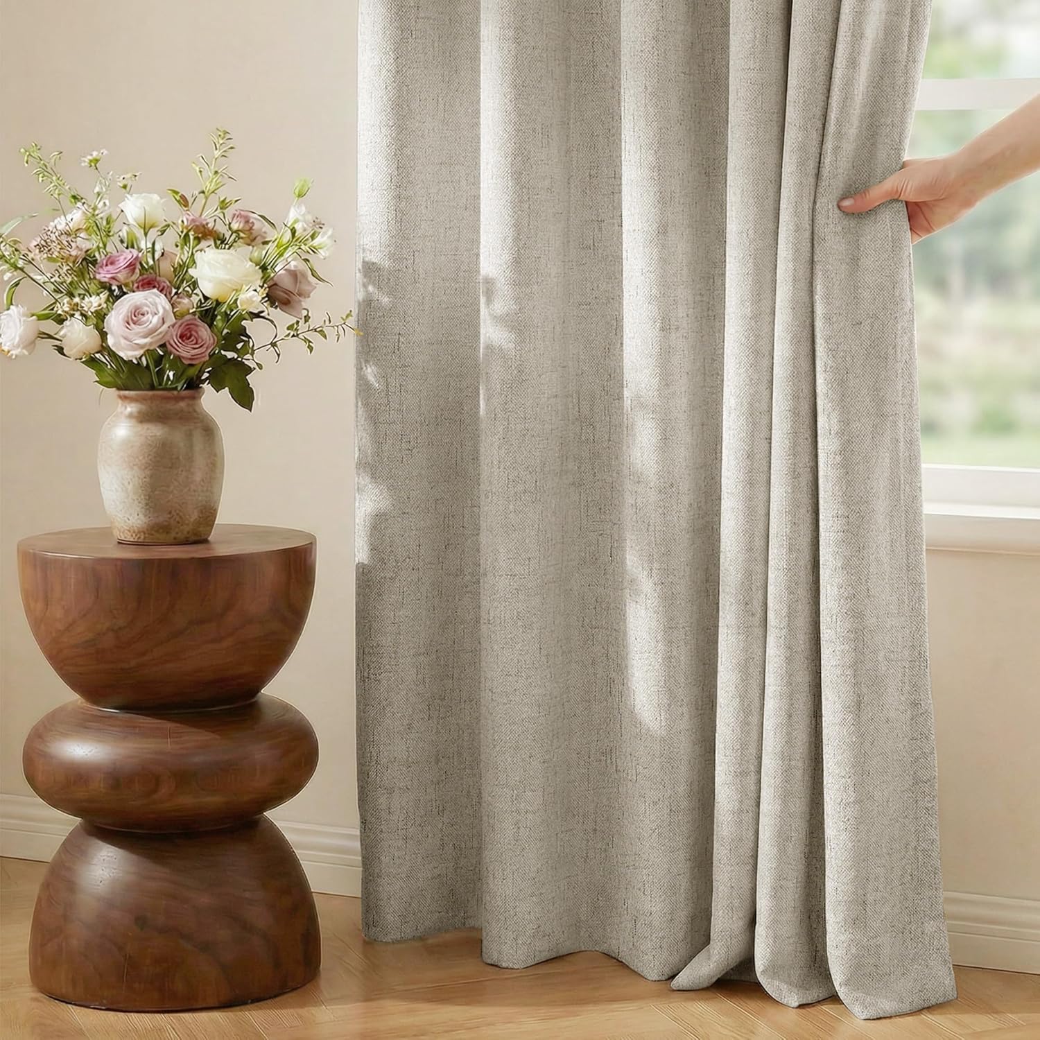 Nicetown 100% Blackout Linen Curtains Beige 90 inch Curtains for Bedroom, White Liner Composite Grommet Thermal Drapes Home Decor Window Tr…