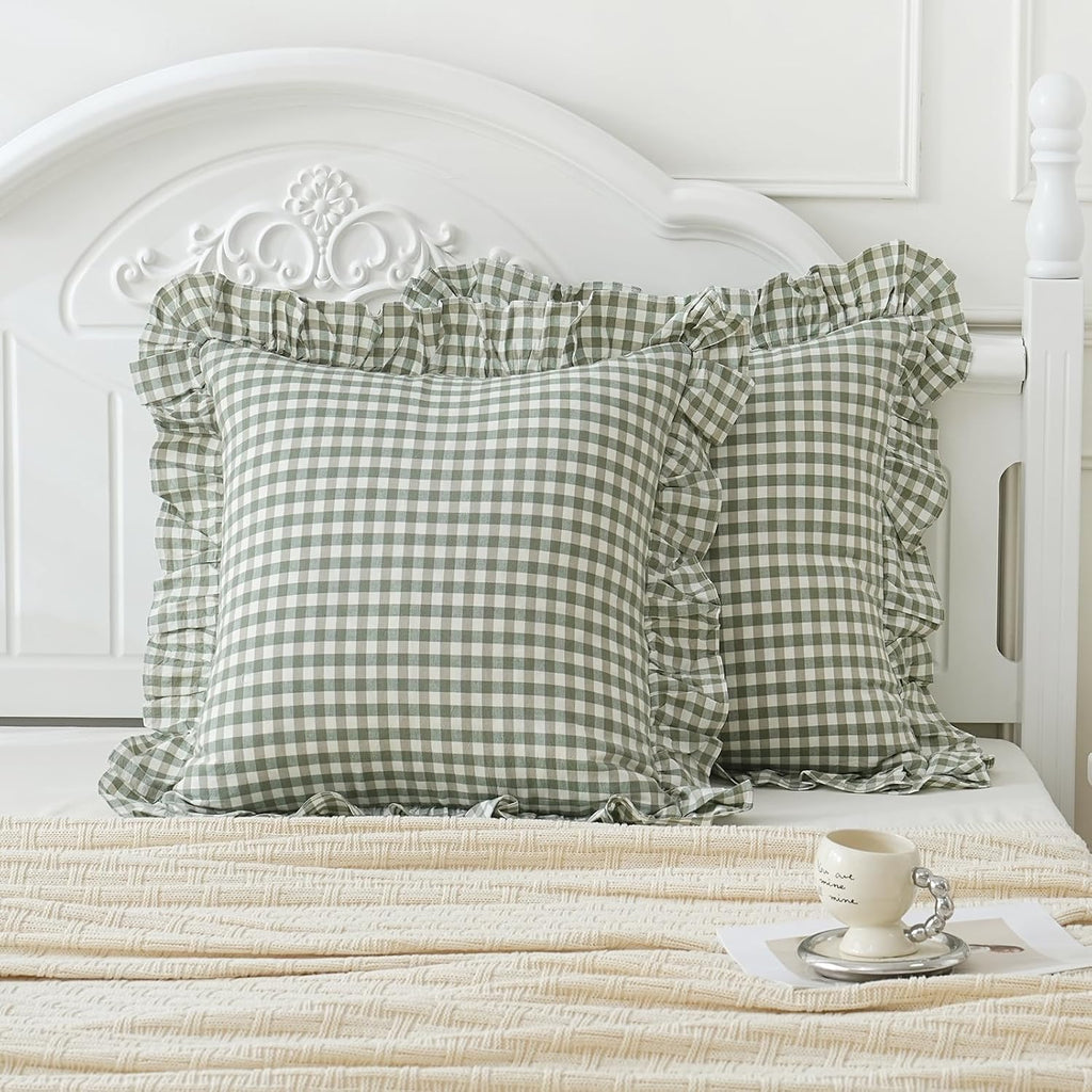 Qilunn 2 Pack Sage Green White Plaid Ruffle Euro Shams Pillow Covers 26x26 inches, 100% Cotton Gingham Checkered Farmhouse Pillowcases for…
