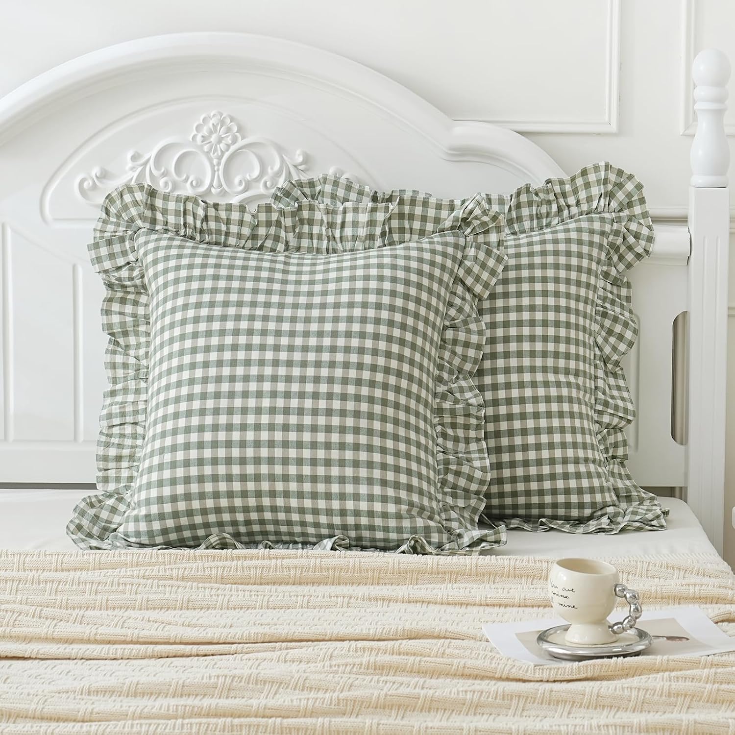 Qilunn 2 Pack Sage Green White Plaid Ruffle Euro Shams Pillow Covers 26x26 inches, 100% Cotton Gingham Checkered Farmhouse Pillowcases for…
