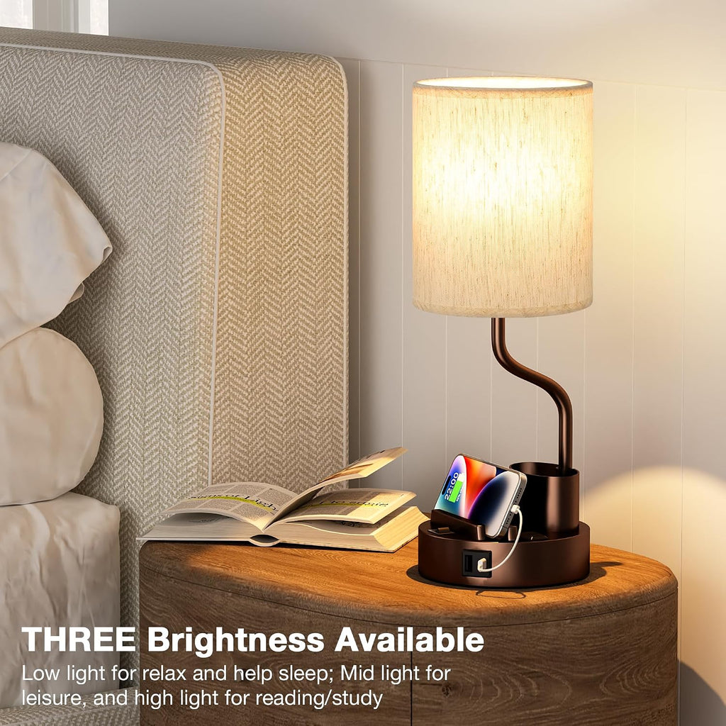 Bedside Table Lamps for Bedroom Set of 2 - Nightstand Lamp with AC Outlet Charging Port and USB A C, 3 Color Temperatures, Included Phone…