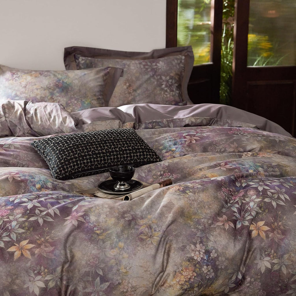 mixinni Vintage Floral Duvet Cover Set - Queen Size, 100% Long Staple Cotton Percale, Reversible Purple Floral Bedding Set with Zipper Clos…