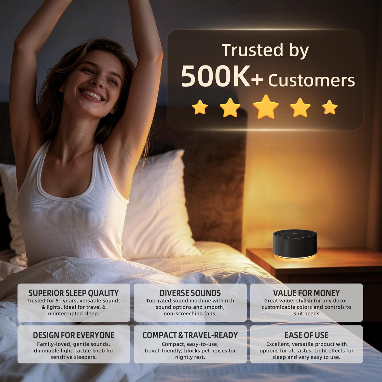 Kipcush White Noise Machine - Soft Non-Glare Nursery Lamp, 30 Soothing Sounds, 8 Color Lights, Max 8-Hour Timer for Baby & Adults (Black…