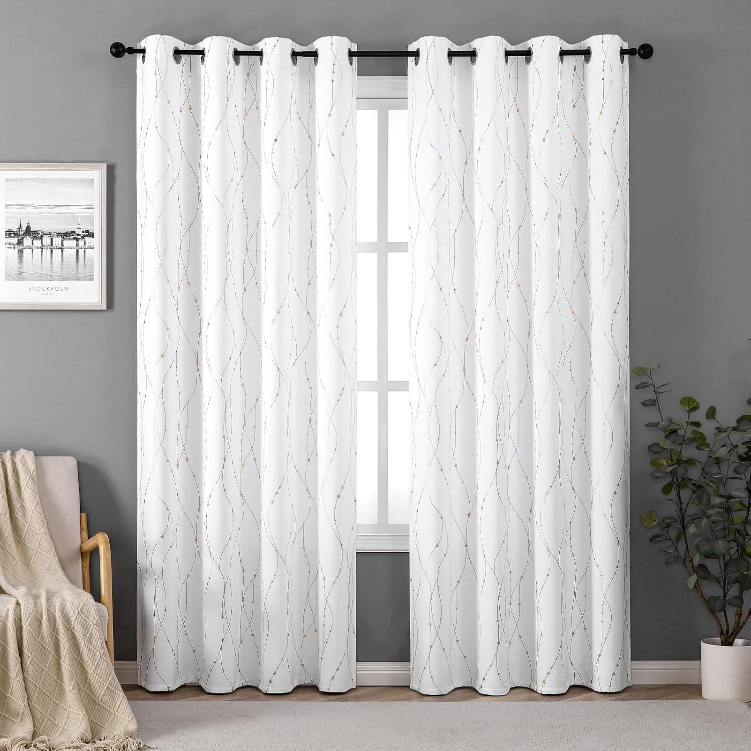 Smileweaver SMILE WEAVER White Christmas Curtains 63 Inch Length for Bedroom, Room Darkening Curtains with Gold Star Printed Noise Reducing…