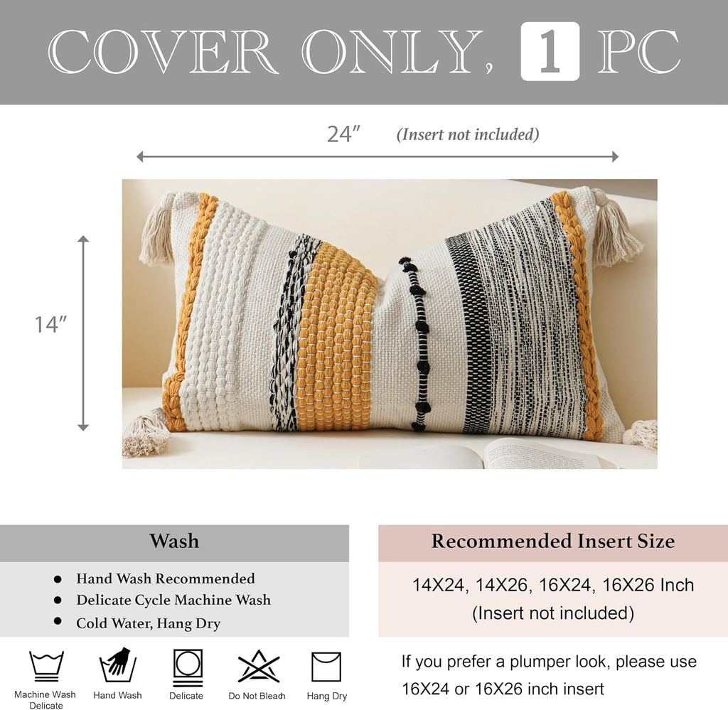 BlissBlush Decorative Lumbar Throw Pillow Cover 14x24 Boho Yellow Mustard Accent Cushion for Couch Sofa Farmhouse Pillowcase for Bedroom…