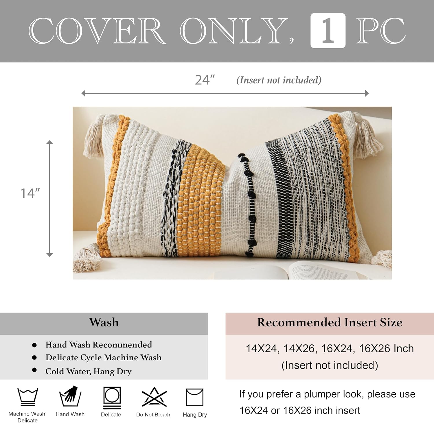 BlissBlush Decorative Lumbar Throw Pillow Cover 14x24 Boho Yellow Mustard Accent Cushion for Couch Sofa Farmhouse Pillowcase for Bedroom…